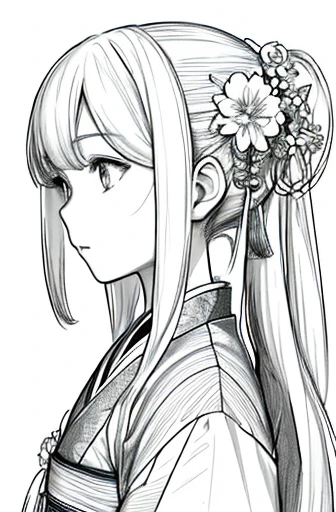 masterpiece, acura, 1 girl, alone, Hanfu, long hair, Profile close-up, flower line drawing background, white background, monochrome, line drawing, ((sketch))