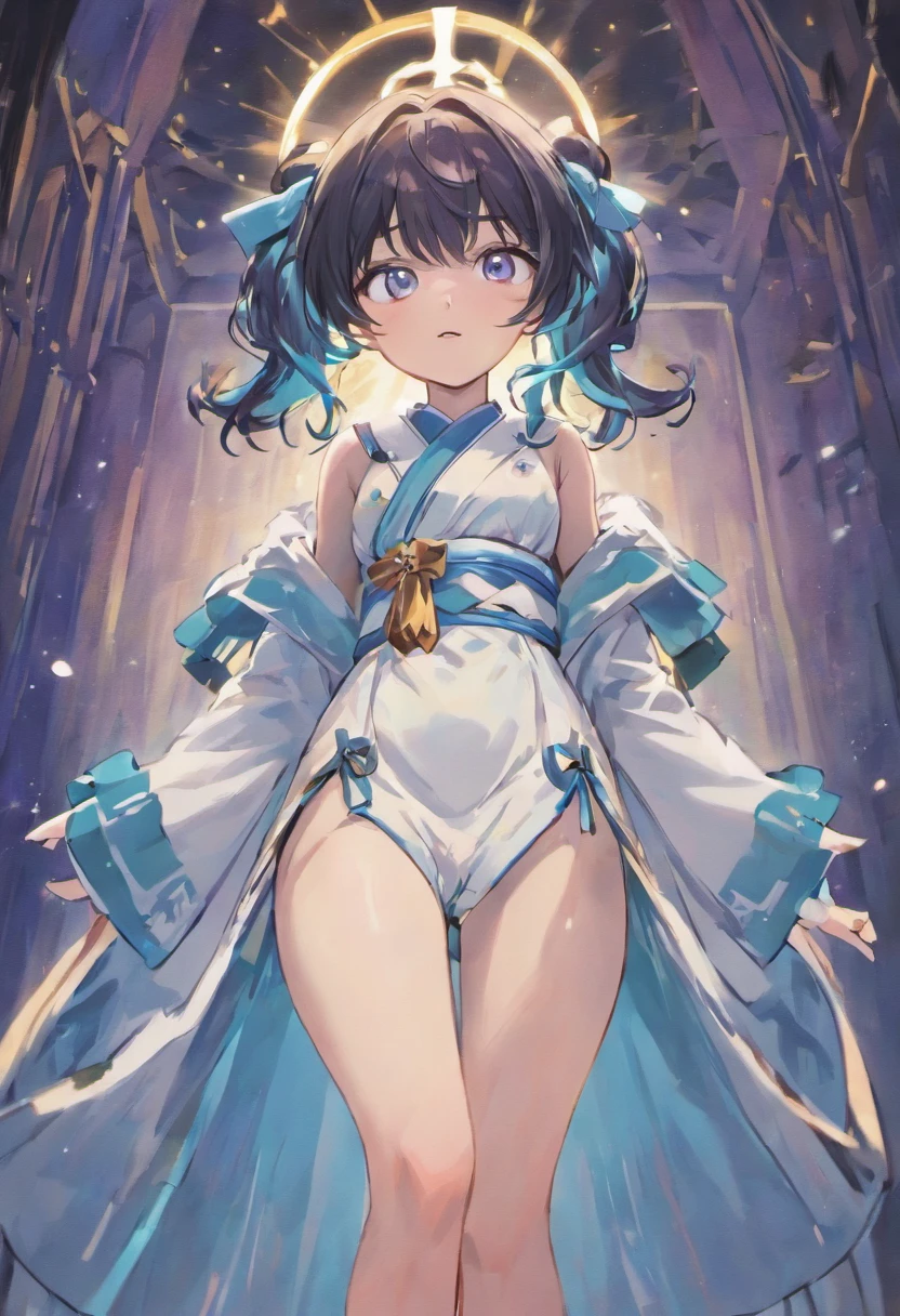 Wearing a simple and holy white robe，The openings on both sides are very high，Show off your flawless legs，The complexion is like snow，Clear and beautiful，There is an indescribable charm，Dignified and holy，Mature charm，Amorous and subtle，Sweet and playful，Like a young girl from ，With extremely shiny black hair，blue eyes