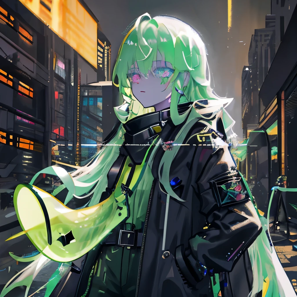 Gradient Long Hair,Black trench coat,cyberpunk,There's slime on you,Distressed cargo trousers,whole body,handicapped,Single eyes,heterochromatic pupils,Angel ring on head,Looking into the distance in the night sky,Royal sister,cold,Slime slime