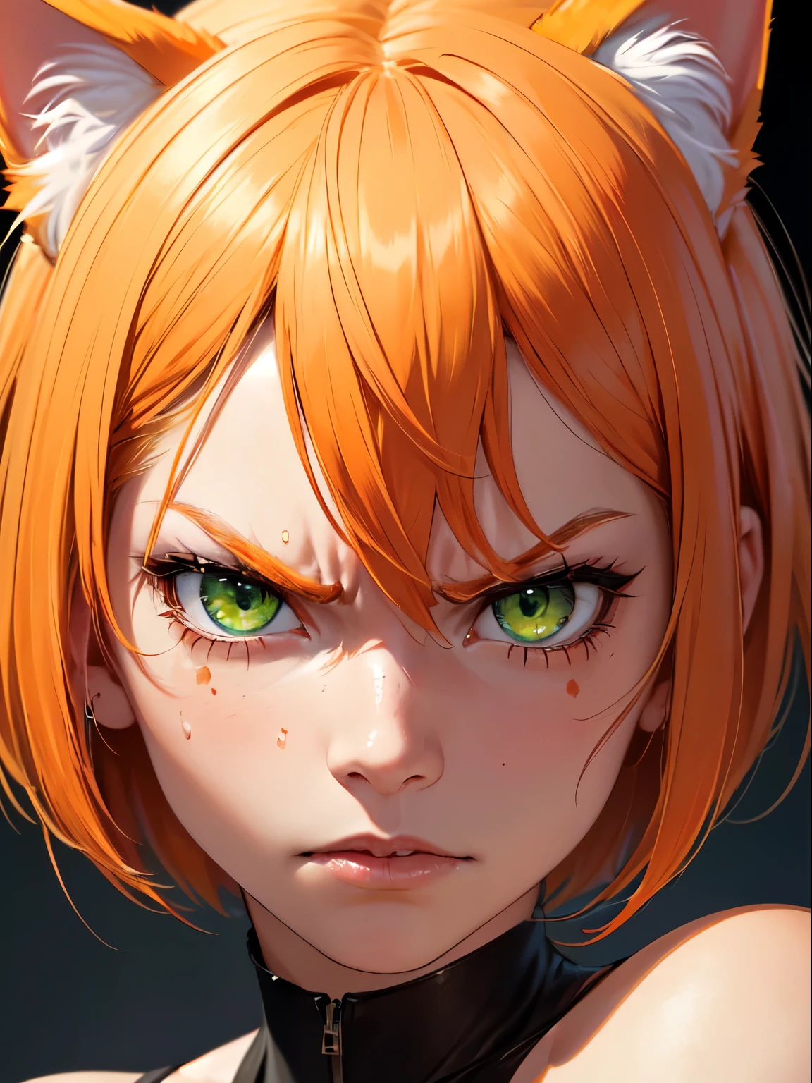 ((portrait)), (ultra high res,photorealistic,realistic,best quality,photo-realistic), (((high detailed skin,visible pores))),(real person,photograph), (8k, raw photo, best quality, masterpiece),(1 cute girl),(bob cut), (short orange hair), ((cat ear)), blood, ((Japanese mask covers the face)), (green eyes), (orange tail), naked, automatic white balance,(((face close-up))), ((((looking at viewer)))), ((angry look)), yandere, tsundere,