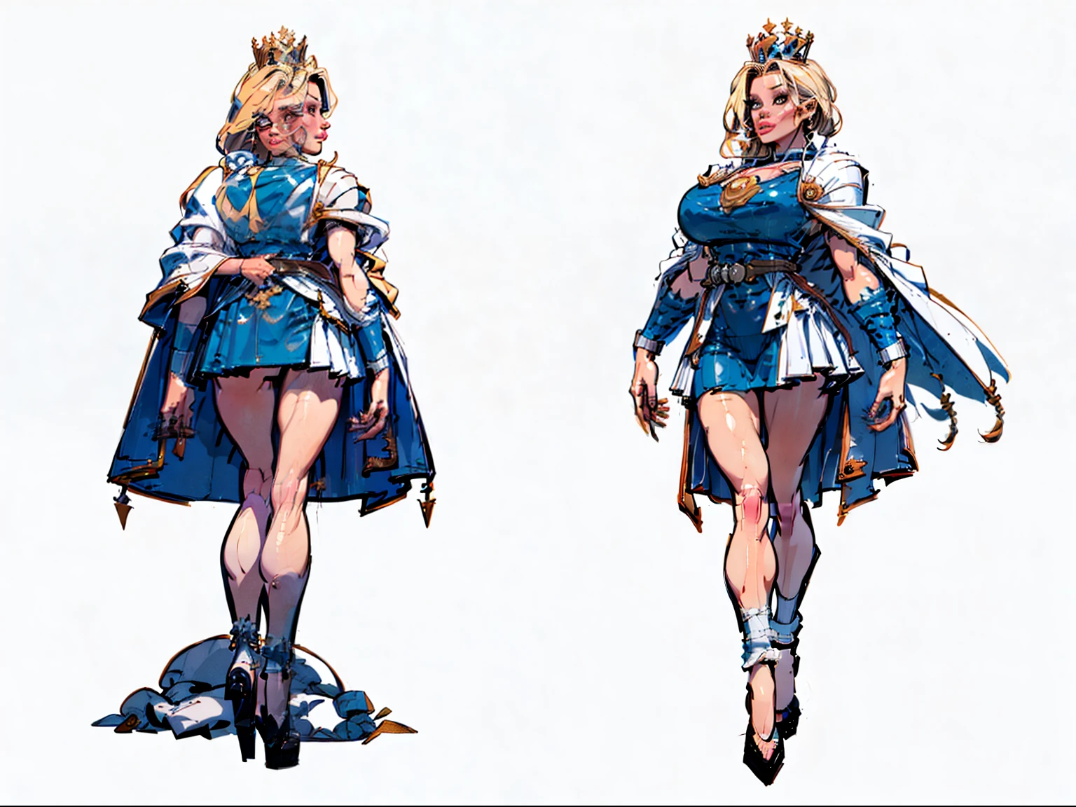 ((masterpiece)),(((best quality))),((character design sheet)), illustration,1woman, environment Scene change,  muscular, (white skin:1.4), white legs, thick legs, (royalty cape:1.5), scribbles and marks, fire, ((detailed face:1.1)), rough sketches, pose too, blonde and white color palette, 8k,16k, (simple background, light background: 1.3)