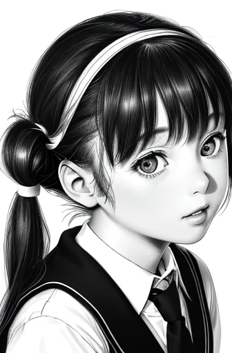 (best quality,4k,8k,highres,masterpiece:1.2),ultra-detailed,(realistic,photorealistic,photo-realistic:1.37), illustrations, manga, detailed eyes, detailed lips, long eyelashes, young girl, black hair, elementary school student, pigtails, skirt, tie, background, white background, monochrome, line art, (sketch)