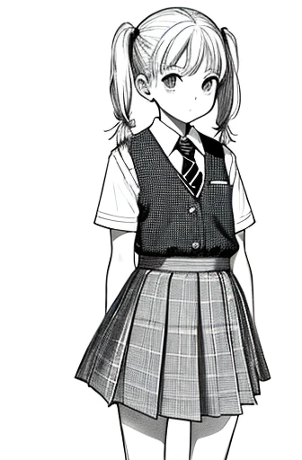 masterpiece, acura, 1girl, alone, girl,Pigtails,primary school student,skirt,tie, background, white background, monochrome, line drawing, ((sketch))