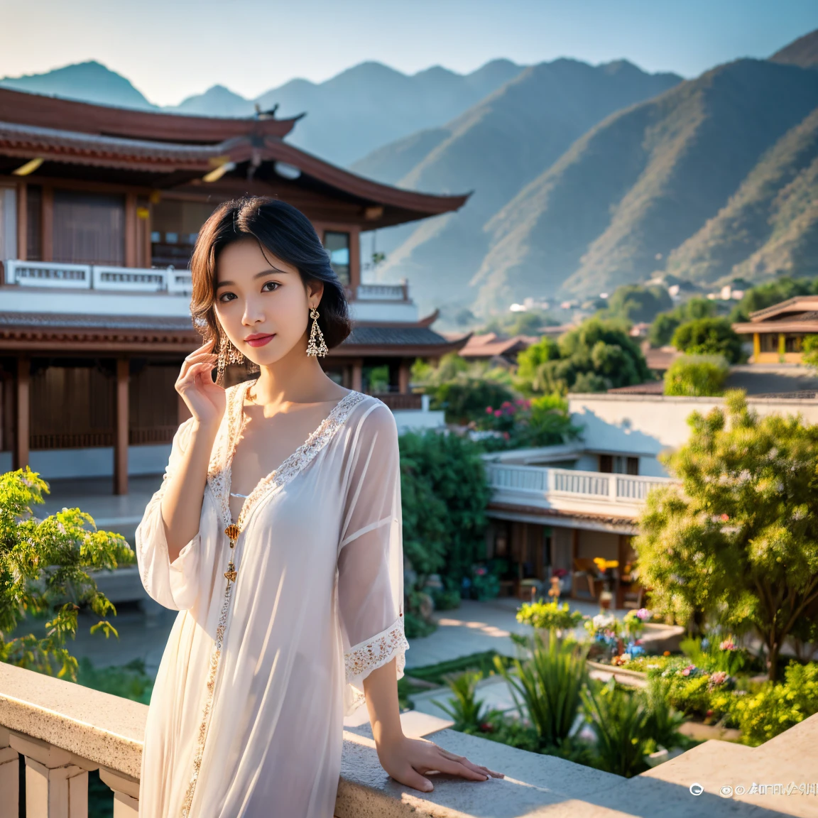 A realistic image with light effects of a white Lao woman wearing sheer pajamas. Bare chest with crystal earrings Written on the chest is the message "OAT". Standing on the balcony of a Thai-style house in a peaceful atmosphere. The backdrop is a morning view of mountains and a tranquil river. The picture is realistic, seriously beautiful, 4K resolution.