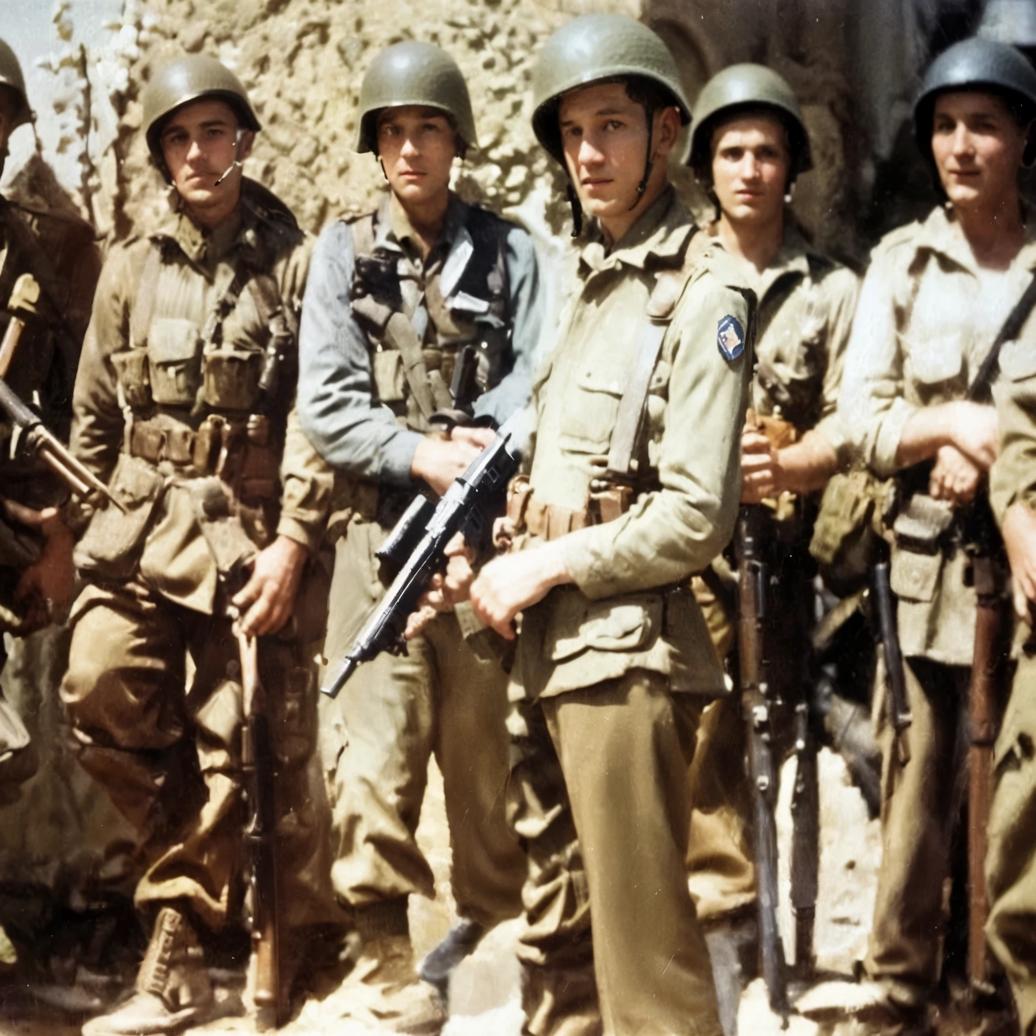 soldiers posing for a picture with their weapons in front of a building, several soldiers, ww2 photo, ww2 historical photo, world war ii military style, french resistance, ww2, ww 2, german and soviet soldiers, ww 2 historical photography, ww2 historical photography, ww2 era, 6 june 1944, wwii, soldiers, band of brothers
