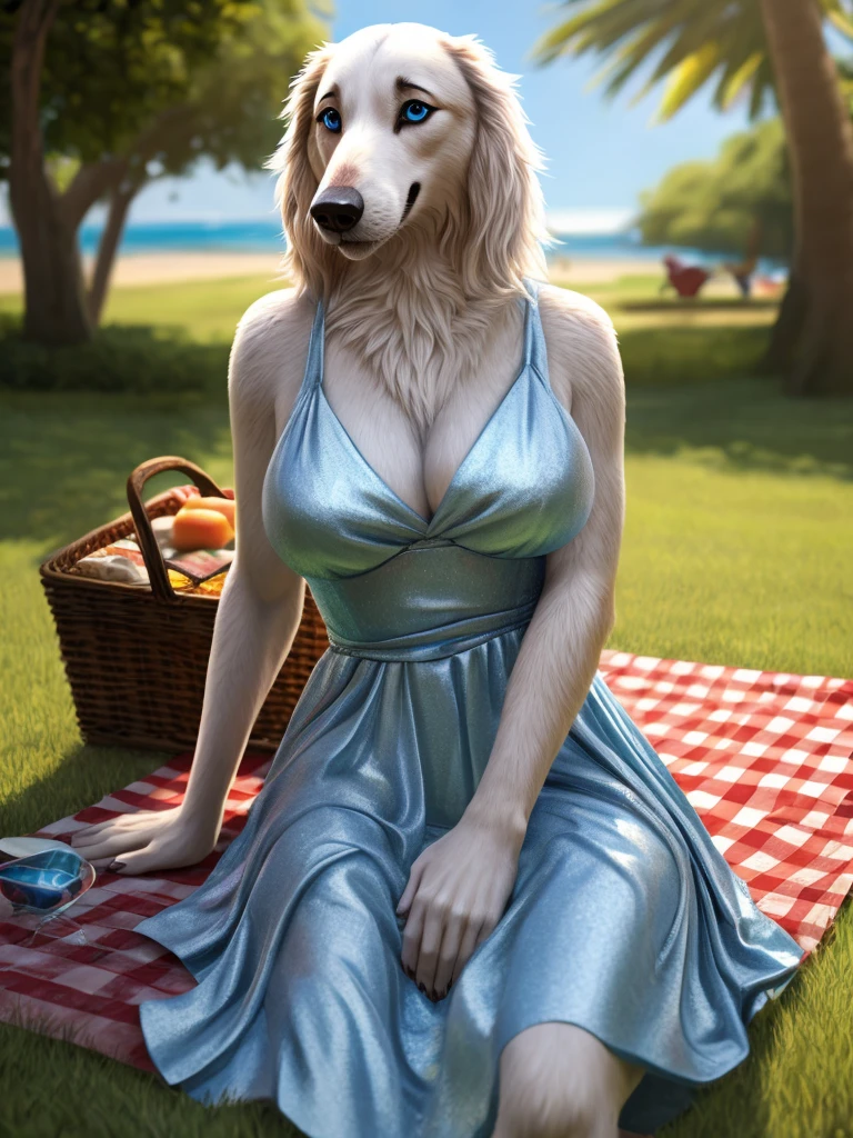 in the style of alsares, female anthro cute mammal borzoi, in the park, picnic, having a picnic, checkered tablecloth, grass, natural landscape, drenched, hidden camera,beach, breasts, tail, detailed blue eyes, voluptuous,(dress, silver dress), seductive, pubic mound, cute, detailed_background, (photorealism:0.6), detailed fur, subsurface scattering, real life, depth of field,