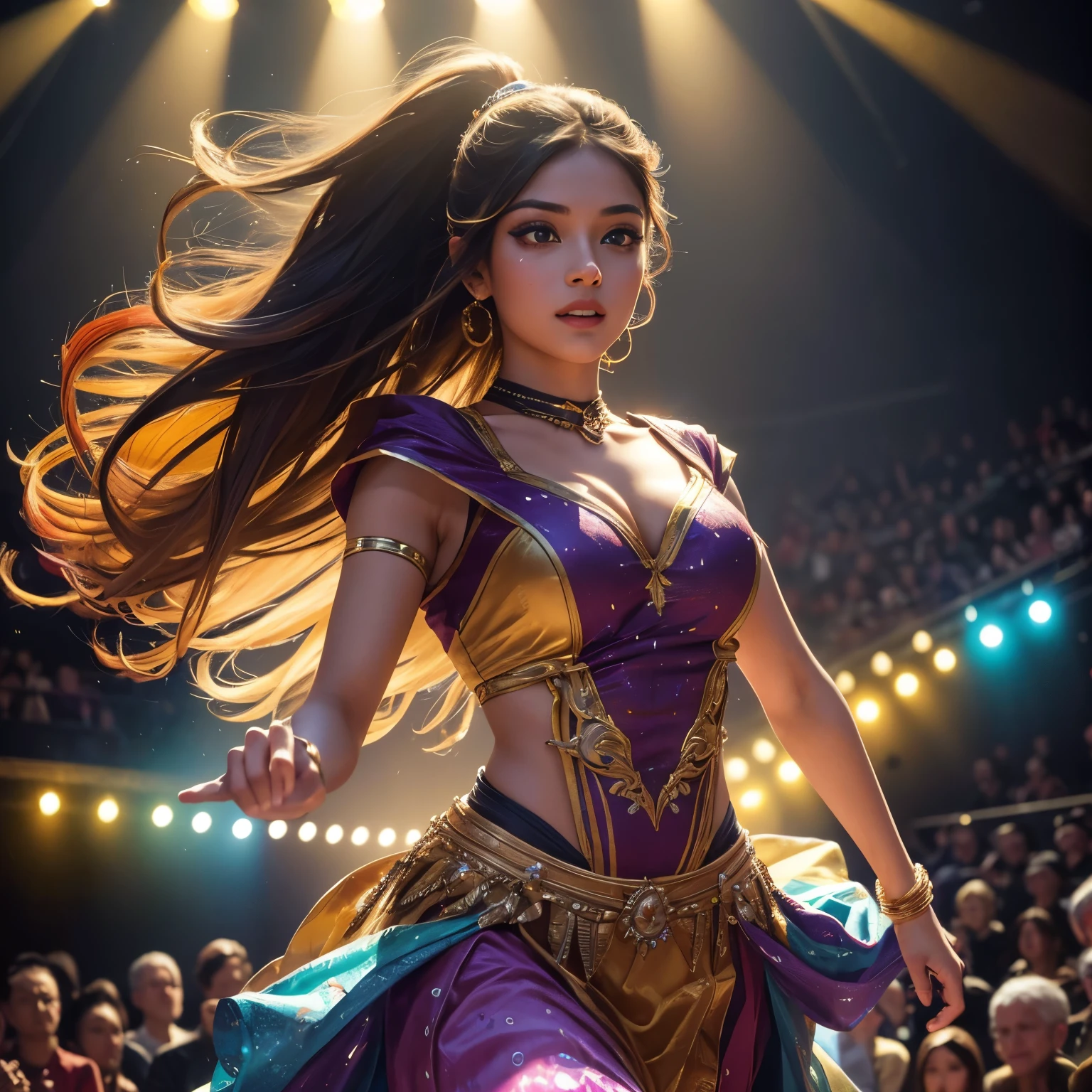 (a girl running on stage,creative,expressive,energetic,exciting,dynamic),oil painting,beautiful detailed eyes,beautiful detailed lips,extremely detailed face,longeyelashes,flowing hair,dressed in a colorful costume,dancing gracefully,spotlight shining on her,mesmerizing performance,vibrant colors,soft and warm lighting,perfectly captured movement,high-energy atmosphere,audience applauding,filled with excitement and anticipation. (best quality,4k,highres),portrait,stage performance,brilliant colors,exquisite brushstrokes,dramatic composition,masterpiece:1.2, [abstract]