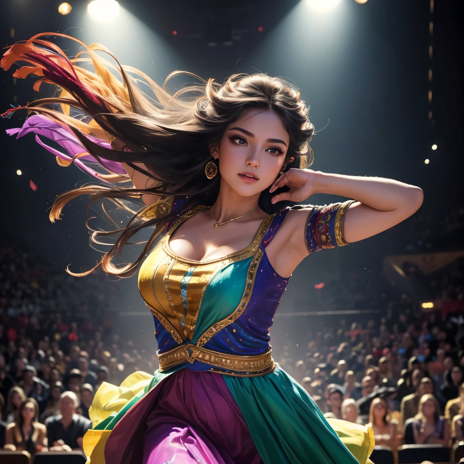 (a girl running on stage,creative,expressive,energetic,exciting,dynamic),oil painting,beautiful detailed eyes,beautiful detailed lips,extremely detailed face,longeyelashes,flowing hair,dressed in a colorful costume,dancing gracefully,spotlight shining on her,mesmerizing performance,vibrant colors,soft and warm lighting,perfectly captured movement,high-energy atmosphere,audience applauding,filled with excitement and anticipation. (best quality,4k,highres),portrait,stage performance,brilliant colors,exquisite brushstrokes,dramatic composition,masterpiece:1.2, [abstract]