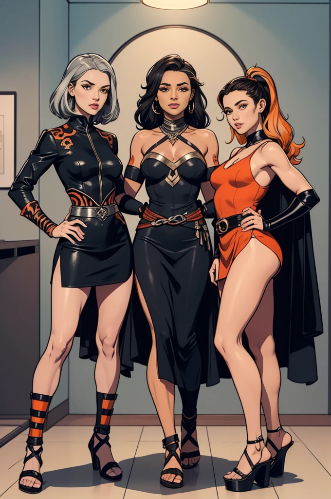 (((full body photo)))
(((Three beautiful girls))), de corpo inteiro, (((um personagem))), feminino, (((pele escura))), Cabelo preto com Rabo de cavalo, Olhos Azuis-Claros, Round glasses with a dark lens, this lens being red, e a moldura Azul Claro, ((Black metallic gauntlets and greaves with orange and silver highlights)), (((As Roupas tem uma Mistura de Moderno e Tribal))), tendo em sua Maioria a Cor Preta, mas tendo Partes em vermelhos, Shoulders on display, No quadril, a short that extends to mid-thigh in black, writhing from head to toe, grader sandal, sapatilhas de bailarina em uma delas.