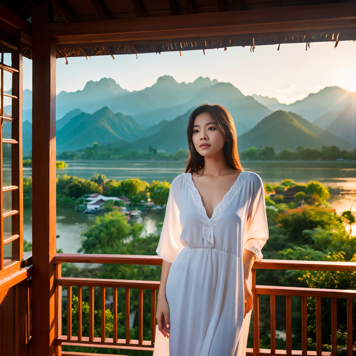 A realistic image with lighting effects of a white-skinned, bare-chested Lao woman standing on the balcony of a Thai-style house in a peaceful atmosphere. The backdrop is a morning view of mountains and a tranquil river. The picture is realistic, seriously beautiful, 4K resolution.
