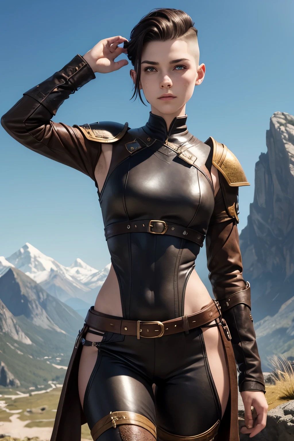 An androgynous female ranger with a undercut. Slim body. Very pale skin. Face with a lot of freckles and liverspots. Body und skin with liverspots. Extremly short hair. Dark-brown haircolour. Manly short hairfcut. Undercut. Soft facial features. Round face. Long forehead. Very bright barley visible eyebrows. Upturned eyes. Dark-brown eyecolour. Long wide nose. Curved lips. Round chin. Round chin. Long neck. . Small breasts. Wide hips. Nice butt. Thick legs. Long legs. Kind. Friendly. Tomboyish. Soft. Androgynous. Wearing: a tight green and brown leather armor. Background: Bright and colourful landscape with mountains and forests.
