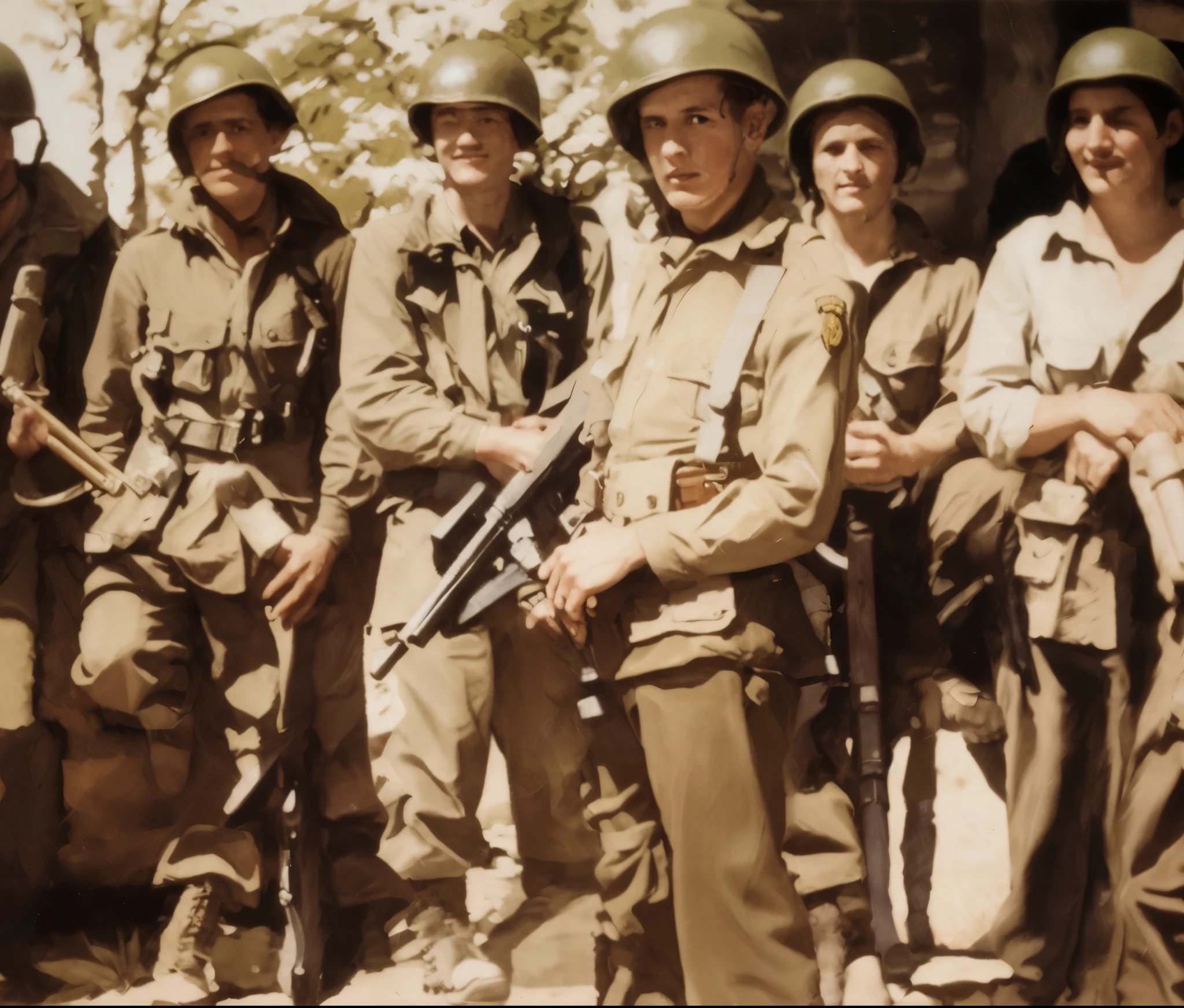soldiers posing for a picture with their weapons in front of a building, several soldiers, ww2 photo, ww2 historical photo, world war ii military style, french resistance, ww2, ww 2, german and soviet soldiers, ww 2 historical photography, ww2 historical photography, ww2 era, 6 june 1944, wwii, soldiers, band of brothers