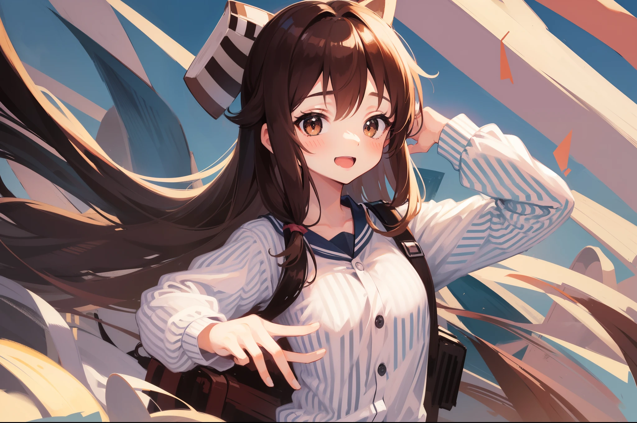 striped, 1girl, vertical_stripes, rating:safe, solo, long_hair, striped_background, open_mouth, white_shirt, diagonal_stripes, brown_hair, blush, shirt, smile, brown_eyes, kuma_(kantai_collection), striped_shirt, looking_at_viewer