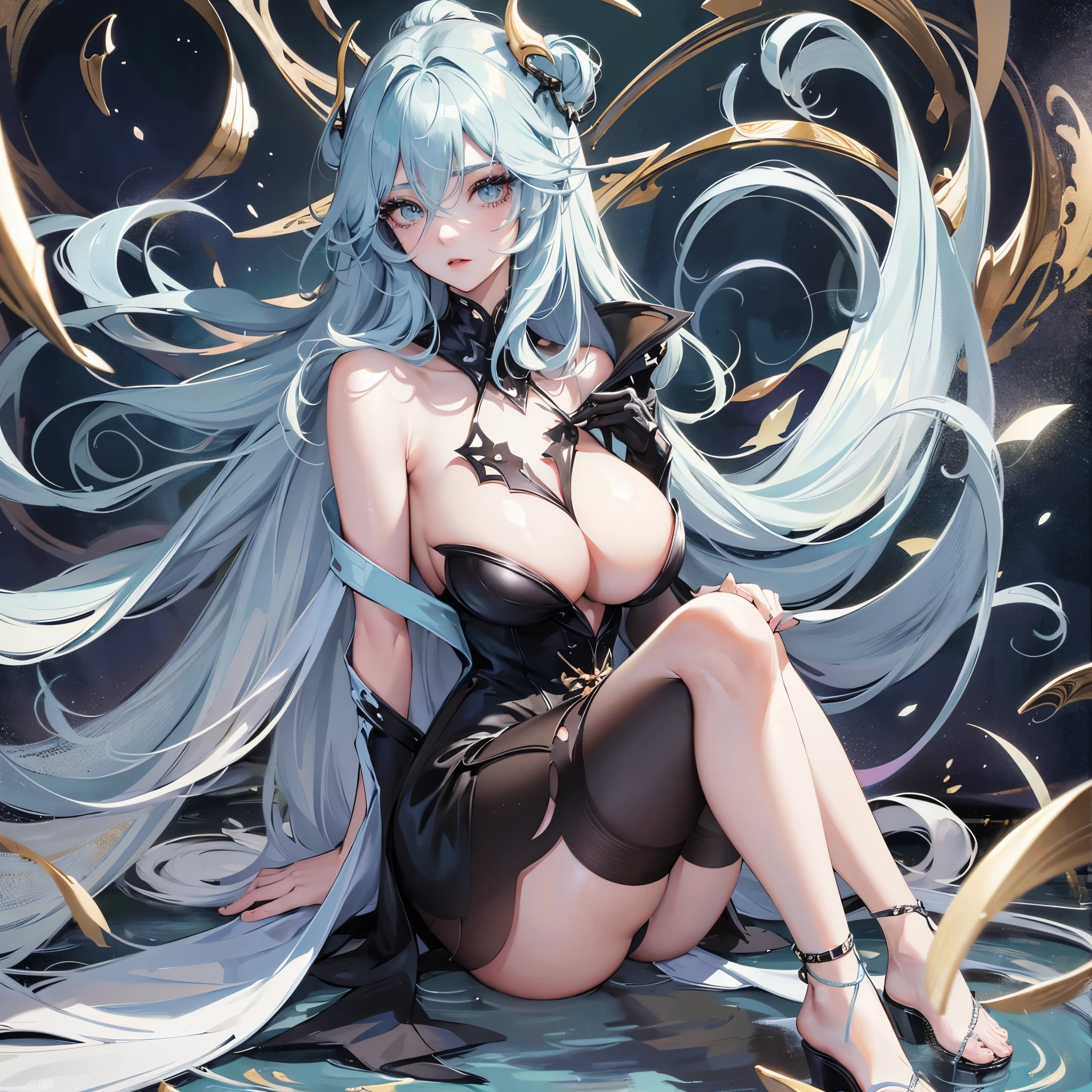 Full body naked Sexy girl that has really big  with extremely long light blue hair, long black eyelashes with green galaxy eyes and plump glossy lips