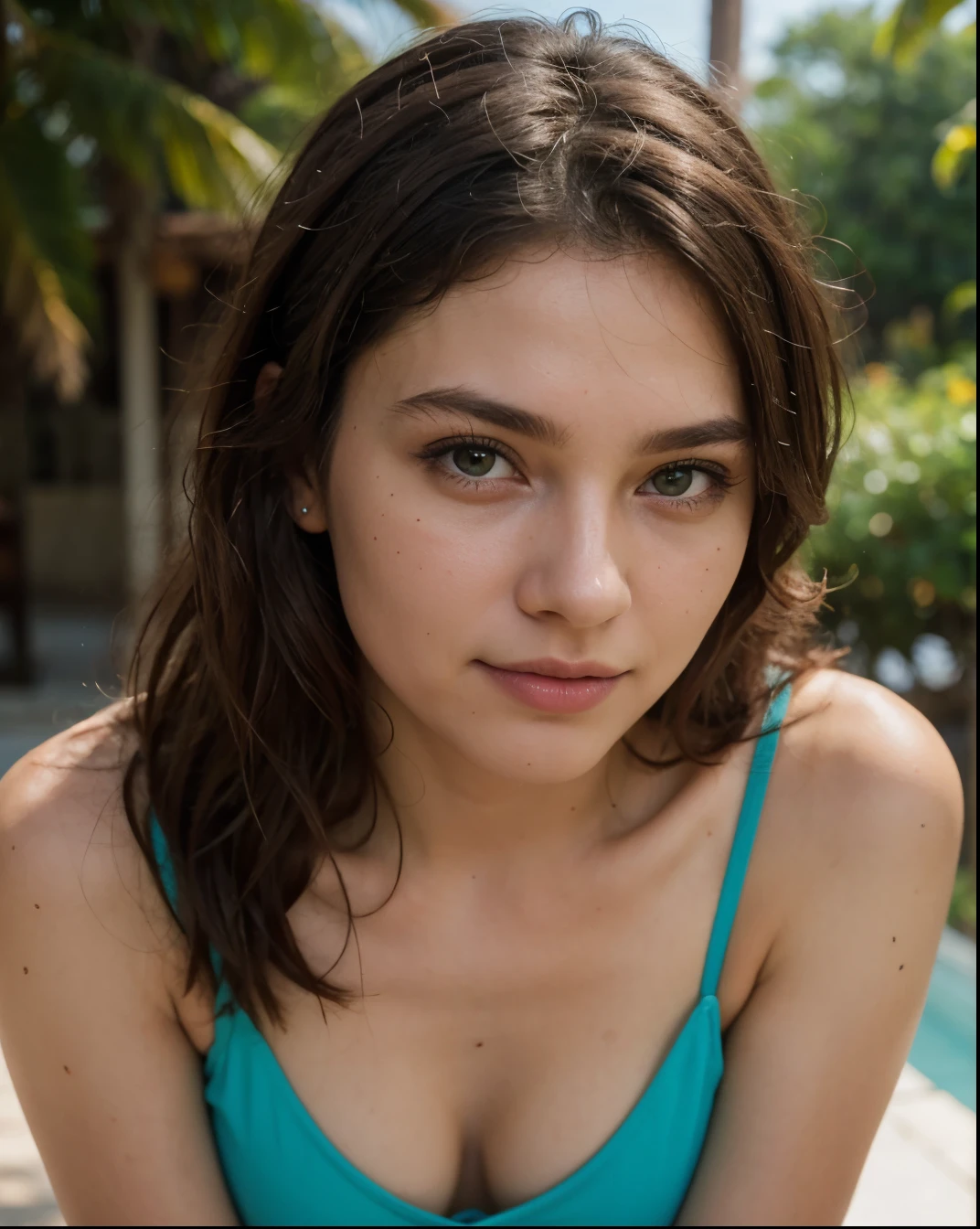 Cute beautiful sexy European light-green-eyed brunette, 22 years old,
seductive look in eyes, girl is wearing bikini, tropical island, beach, bikini, seductive look, fully body shot, walking, bare legs,
innocent face, face-length 1.3 times the face-width, almond-shaped eyes, squared face-shape, high cheekbones, naturally wavy hair, light-green eyes, high-res, masterpiece, best quality, intricate details, very detailed, sharp focus, detailed skin, realistic skin texture, texture, detailed eyes, professional, 4k, charming smile, shot with Canon, depth of field, Kodak Vision color, perfectly fitting body, extremely detailed, photo_\( ultra\), photorealistic, realistic, post processing, maximum details, roughness, real life, ultrarealistic, photorealism, photography, 8k UHD, photography