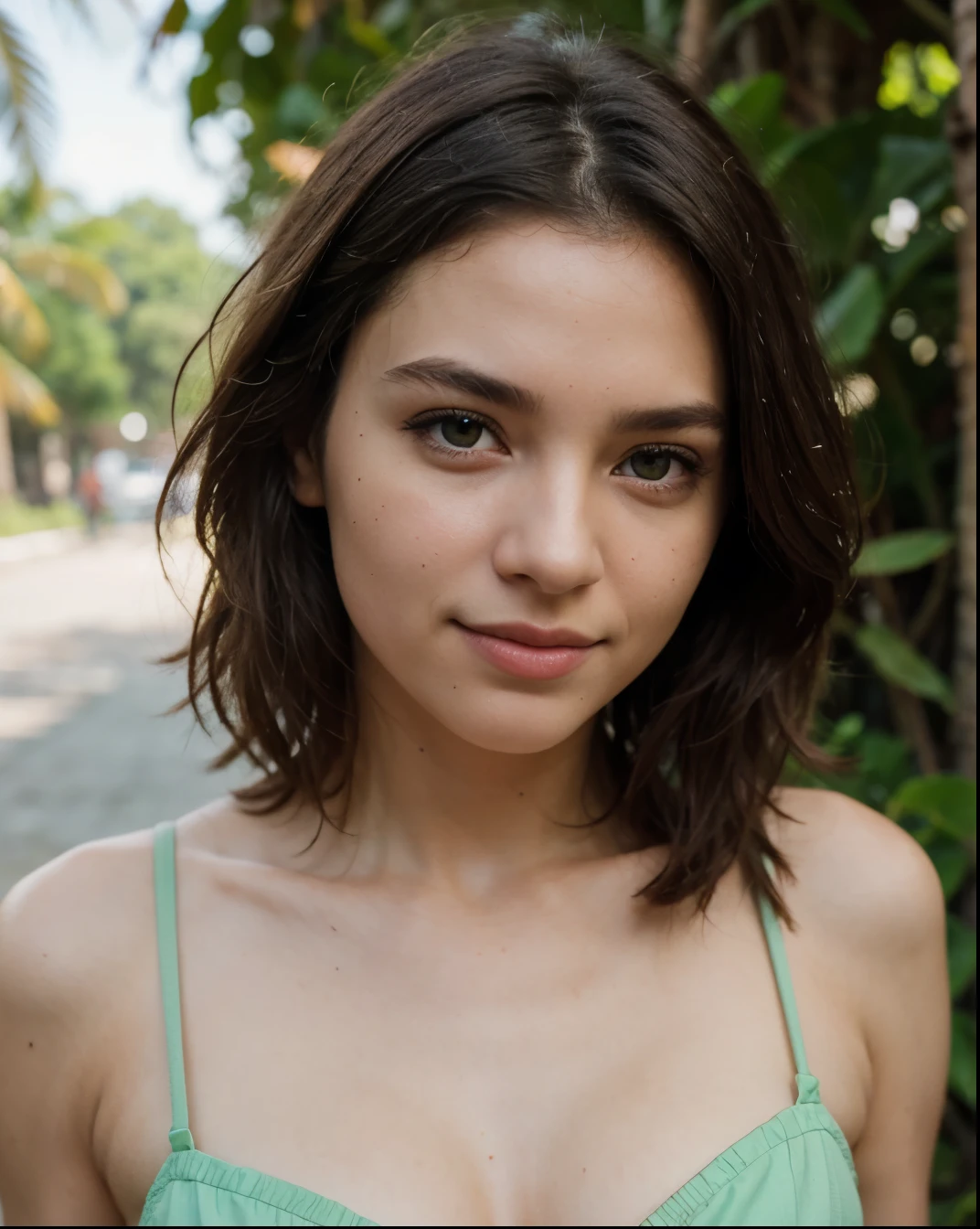 Cute beautiful sexy European light-green-eyed brunette, 22 years old,
seductive look in eyes, girl is wearing bikini, tropical island, beach, bikini, seductive look, fully body shot, walking, bare legs,
innocent face, face-length 1.3 times the face-width, almond-shaped eyes, squared face-shape, high cheekbones, naturally wavy hair, light-green eyes, high-res, masterpiece, best quality, intricate details, very detailed, sharp focus, detailed skin, realistic skin texture, texture, detailed eyes, professional, 4k, charming smile, shot with Canon, depth of field, Kodak Vision color, perfectly fitting body, extremely detailed, photo_\( ultra\), photorealistic, realistic, post processing, maximum details, roughness, real life, ultrarealistic, photorealism, photography, 8k UHD, photography