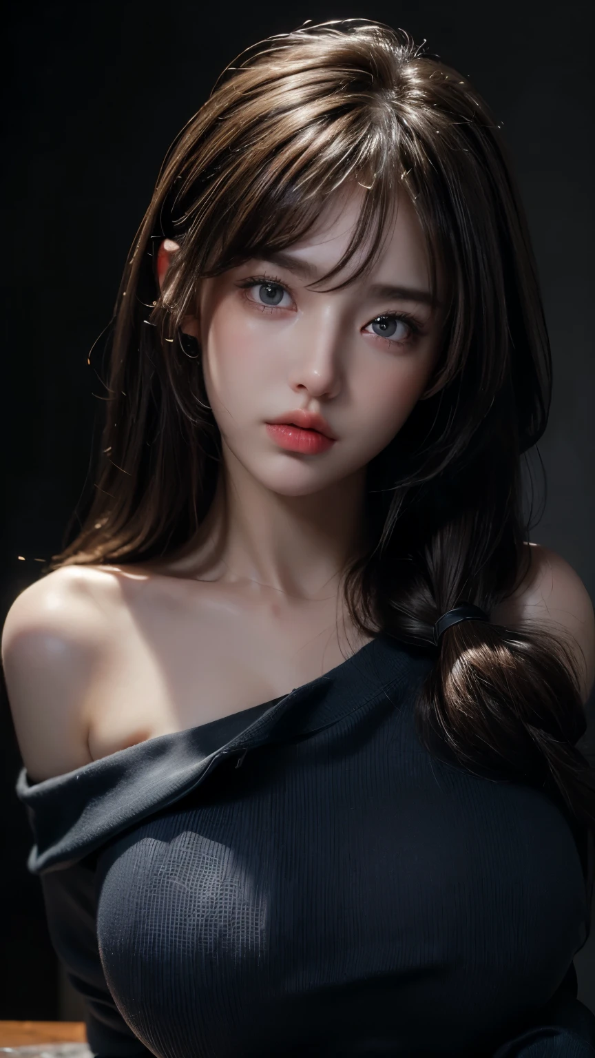 ((Best Quality, 8K, Masterpiece: 1.3)),((Hasselblad photo)), finely detailed skin, clear focus, (cinematic lighting), soft lighting , Beautiful Woman , (Random Hairstyle: 1.2), Ultra-detailed face, Glossy skin, Bangs, big boob , Exposed cleavage, blue Eyes, ((Dark background)), looking at viewer, off shoulder, black sweater, sharp face, open mouse, long bang,