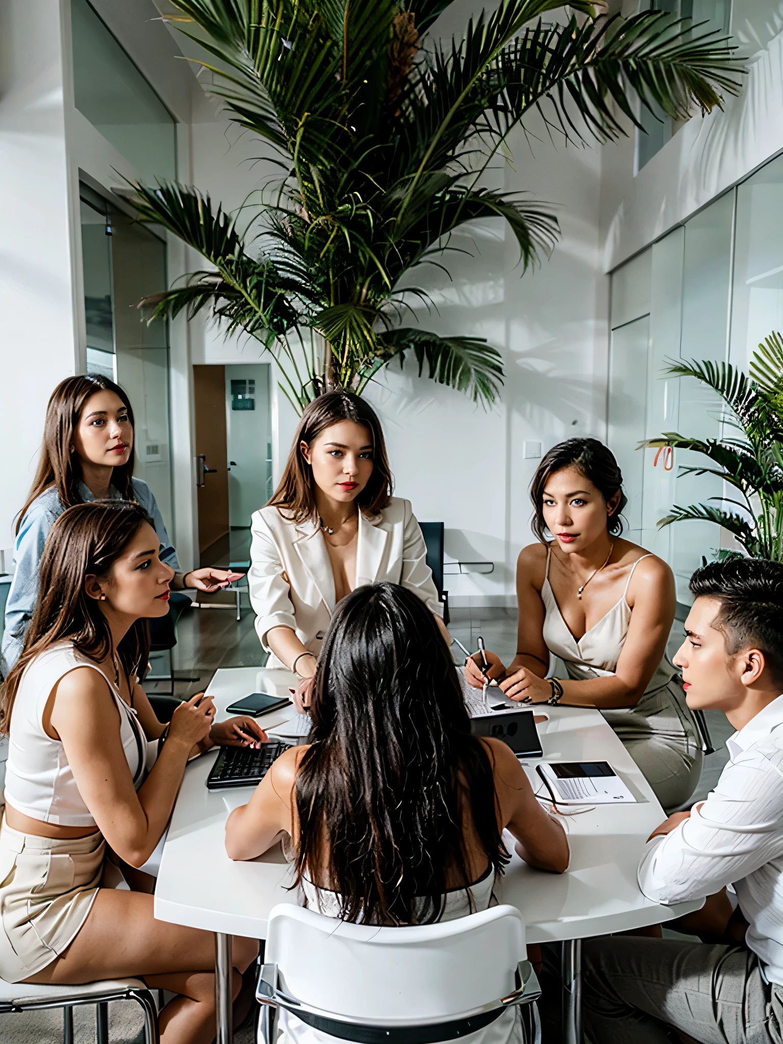 A group of people sitting around a table in a conference room in a white bright room, with palm tree decorations, talking about business, having a good time, dressed formally, professional, elegant, simple, minimalistic