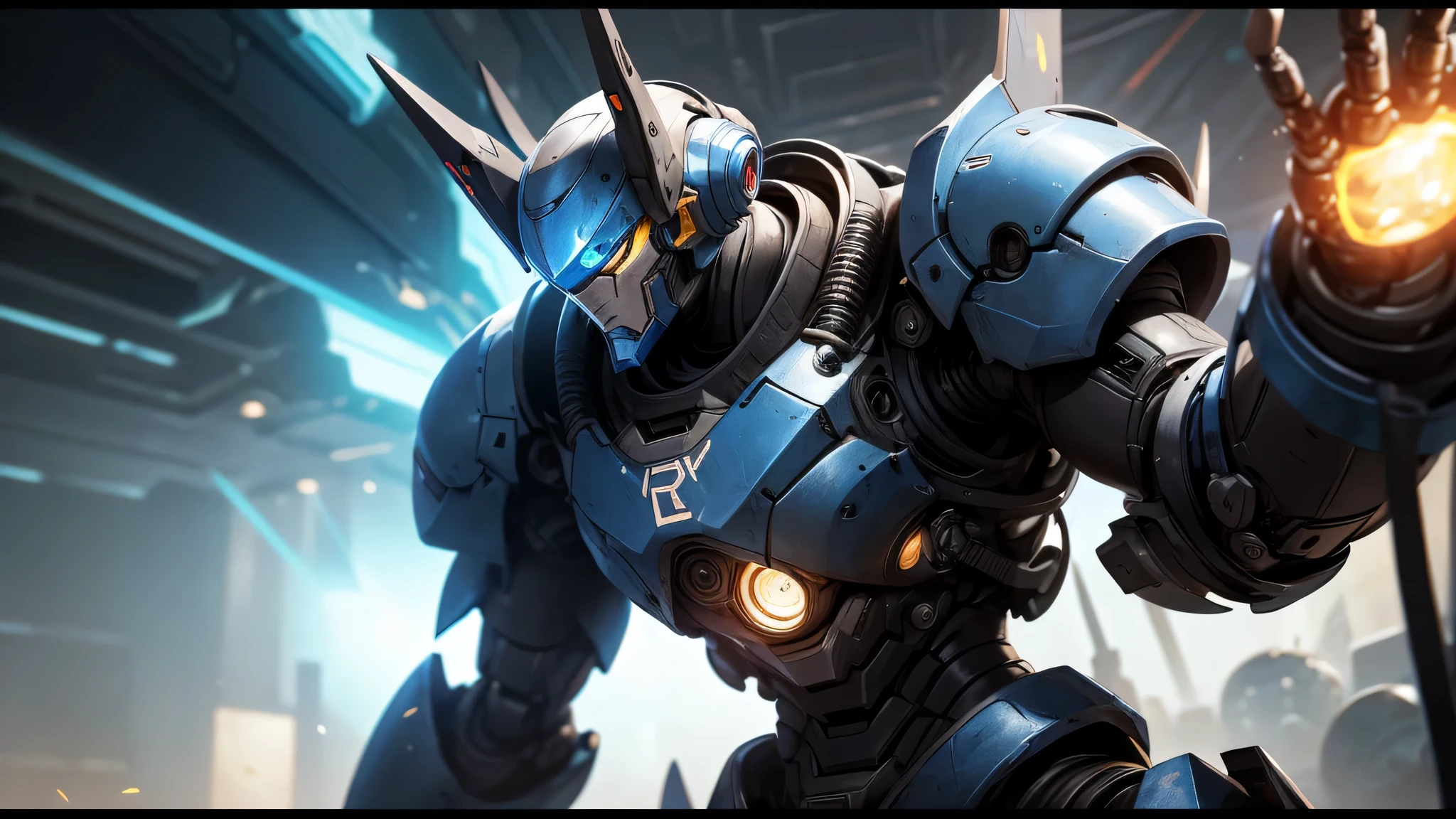robot, un écran au lieu d'un visage, et une apparence amicale, dans un style League of Legends.