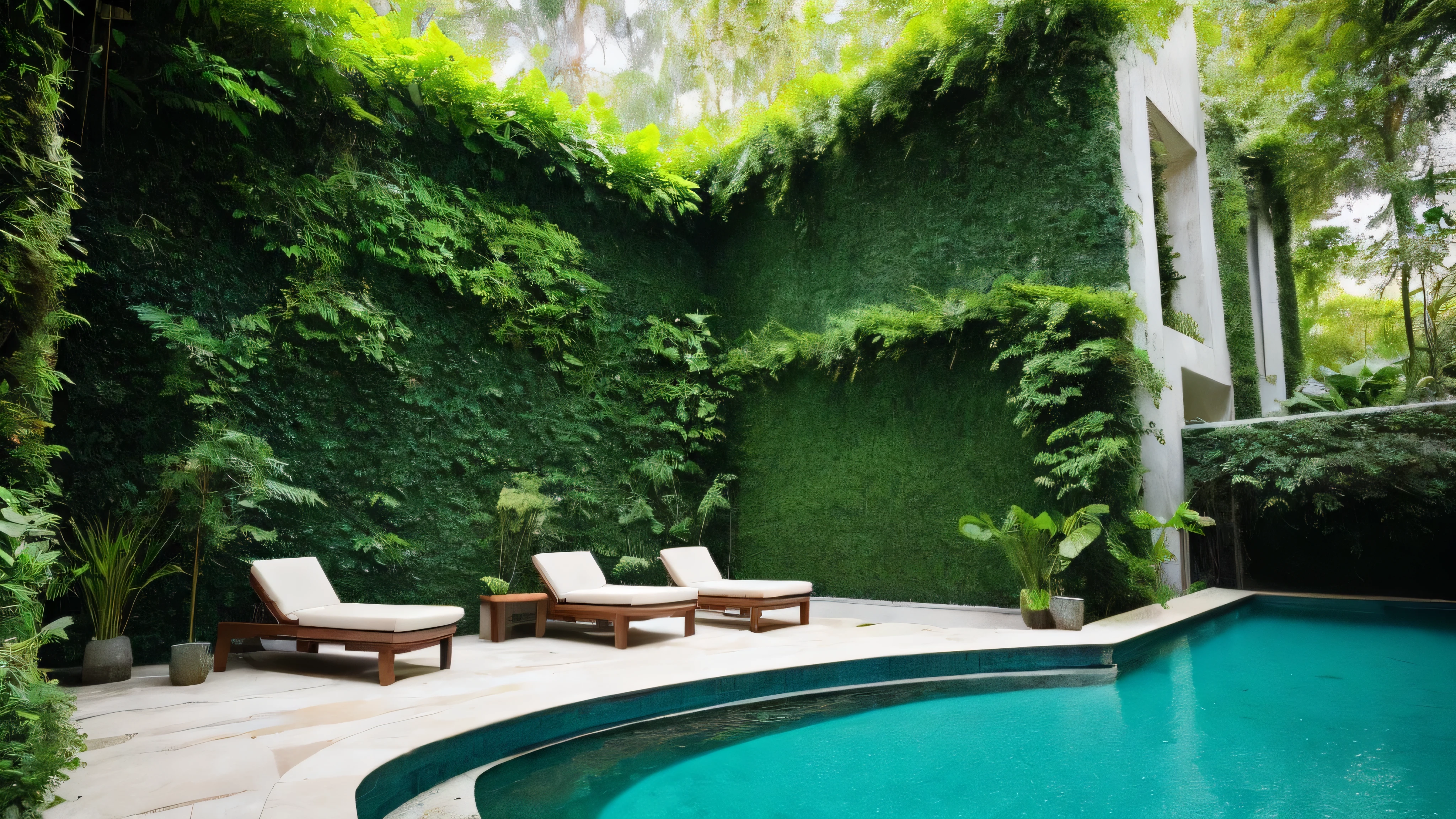 Mesmerizing photography captures a biophilic home, located in a dark forest, blue lanterns, Blue Highlight, fluffy orange and white heart, hanging over the pool, emits a cool glow thanks to carefully positioned lamps. fern with many flowers, marble walls and a swimming pool with blue water in the center of the house - a harmonious fusion of nature and architecture demonstrates, how lush greenery intertwines with massive concrete walls, creating a charming vertical garden. Photographer'Intricate details and impeccable craftsmanship enhance its status as a high-quality work of art..., allowing viewers to immerse themselves in the complex beauty of this harmonious sanctuary..