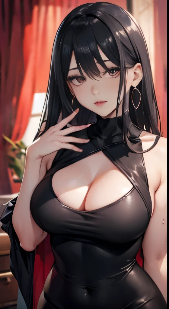 bedroom、milf, beautiful woman、(sweat,steam, Vulgarity), Tight white long sweater maxi dress、big cleavage、Sticky clothes、(full shot, long hair), red makeup、Pink shiny lipstick、long shot, Beautiful depiction、detailed person、detailed background、high quality people、High-quality faces、Ultra High Definition Animation、(Black and beautiful hair:1.8)、tied hair、earrings、clavicle、I can see your chest、