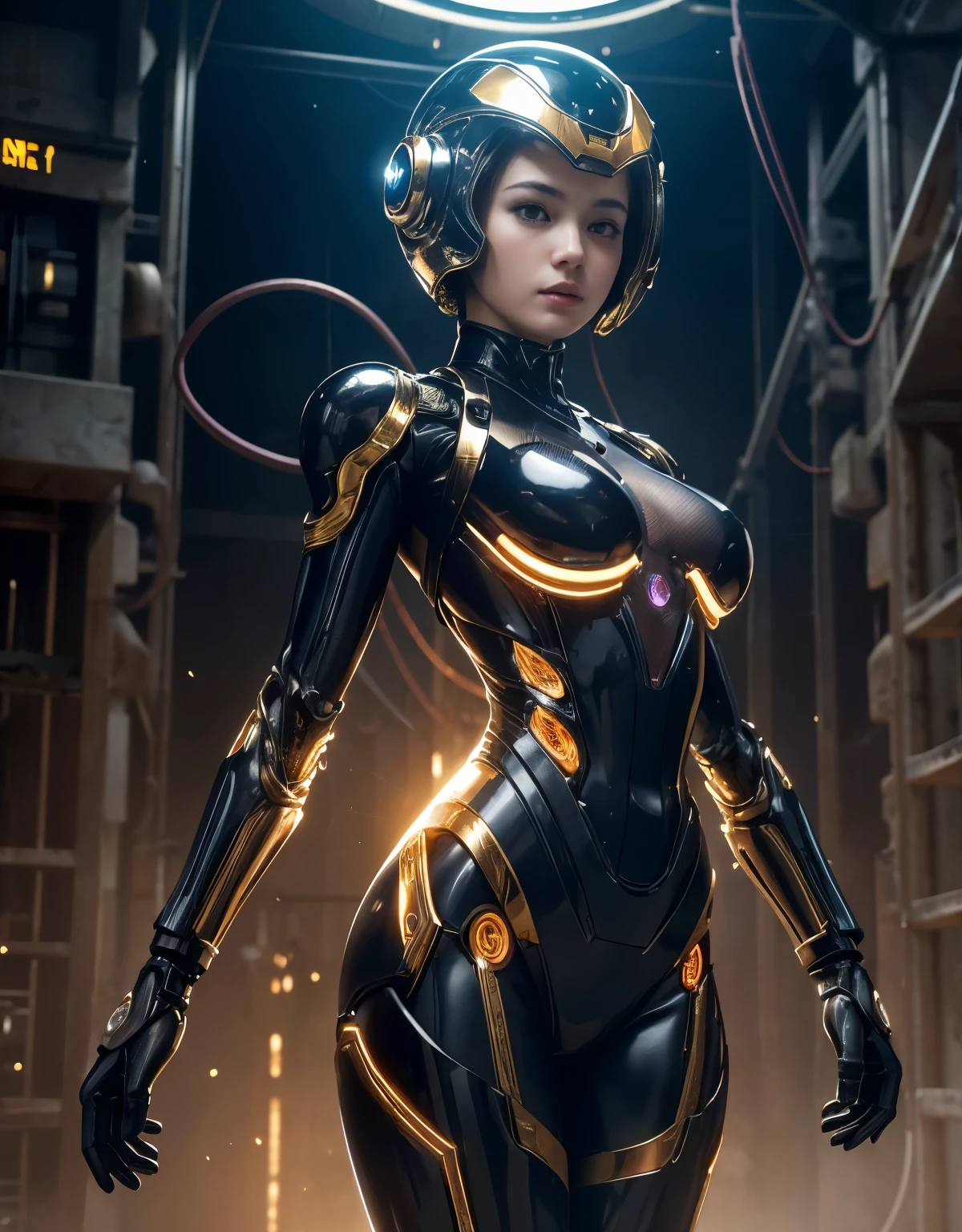 (Background of skimpy mechanical girl and octopus alien)、（Mystical expression）、highest quality、masterpiece、Super high resolution、(Photoreal:1.4)、RAW photo、1 girl、glowing skin、detailed face、(((1 Mechanical Girl)))、Heavy chest、（gold metal bodysuit）、(Natural alien background to fight aliens)、(Small LED)、((Super realistic details))、vertical giant monster background),global illumination、Shadow、octane rendering、24K、super sharp、robotの背景、big breasts、Raw skin exposed in the cleavage、intricate decorative details、Japan details、very intricate details、realistic light、(Mystical expression),CG Society Trenlow Eyes、Eyes shining towards the camera、Mechanical marginal blood vessels connected to neon detail tubes)、(Wires and cables connecting to the head)、Small LED、,mechanical thighs、two stock、（Hands are also made of machines）、robot、future alien、Please wear a mechanical helmet、transparent face guard on helmet、16K,