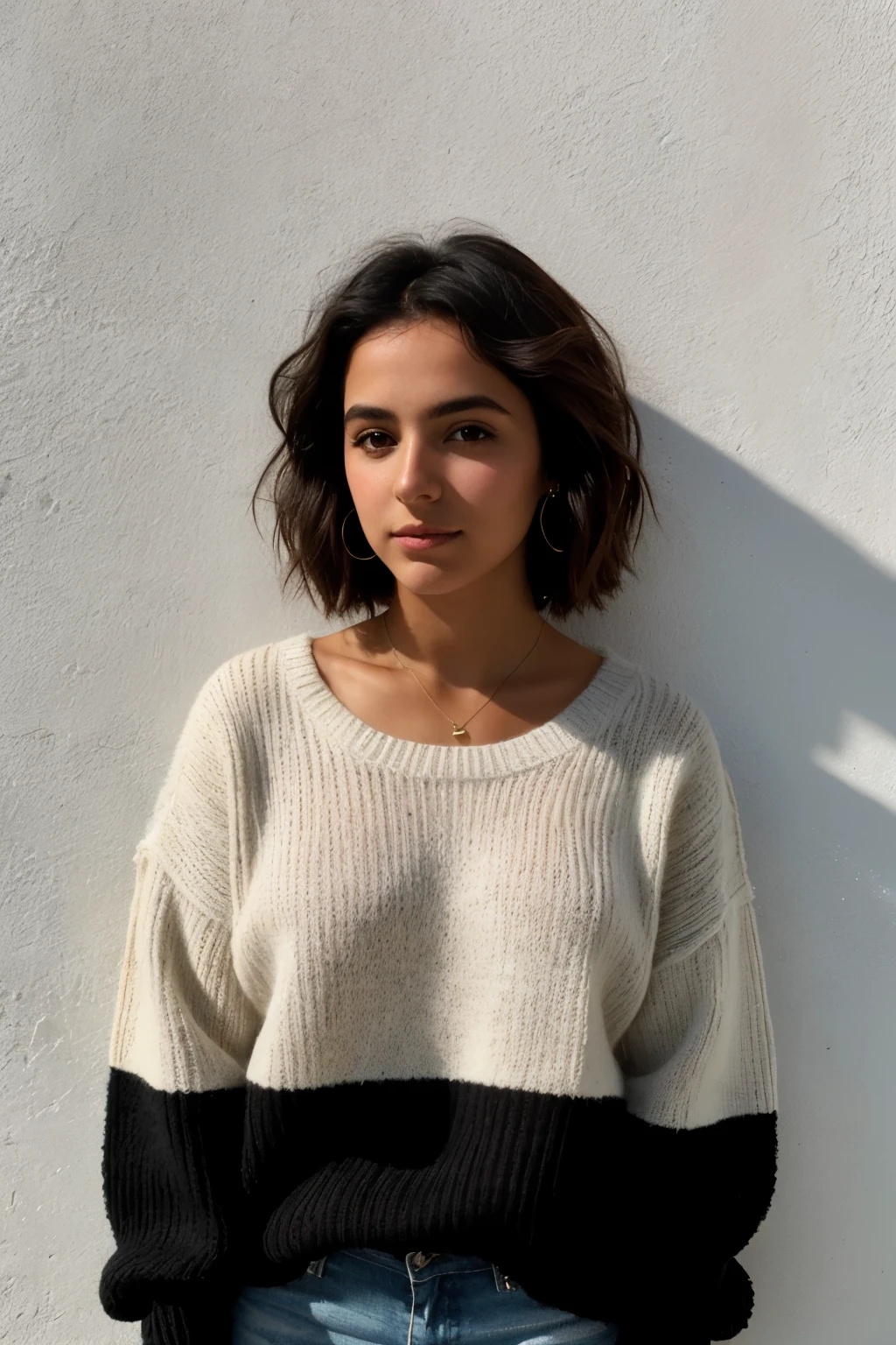 foto de instagram, 21 year old French woman., cabello corto, pelo negro, primer retrato, sweater, escote, pale, sombras duras