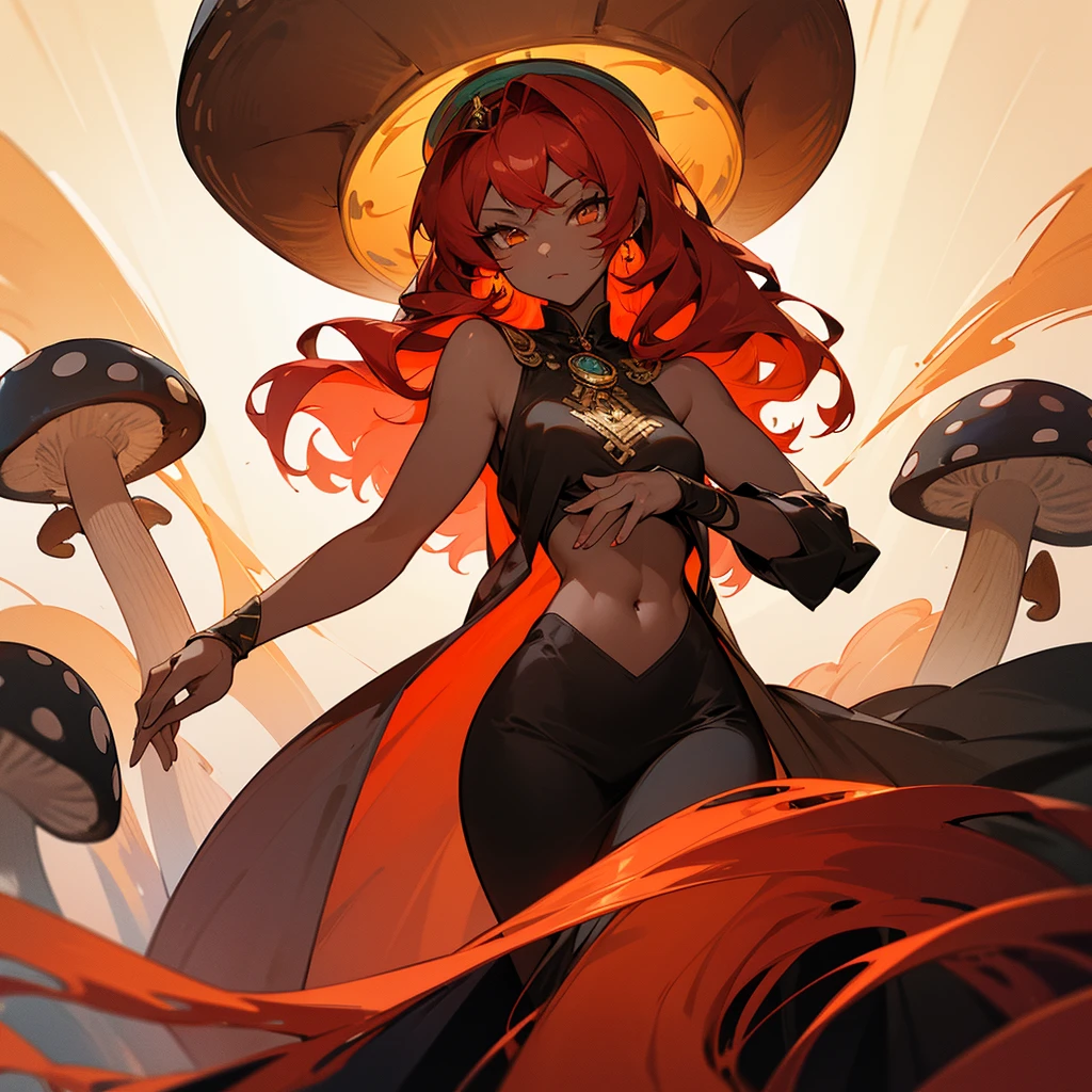 A woman with radiant black skin stands out with her wavy red hair that flows gracefully. His amber eyes express an intriguing depth. With a mushroom hat adorning her head, she displays a slender waist and charming body. Wearing a characteristic outfit that harmonizes with her hat, she embodies an engaging and unique elegance.