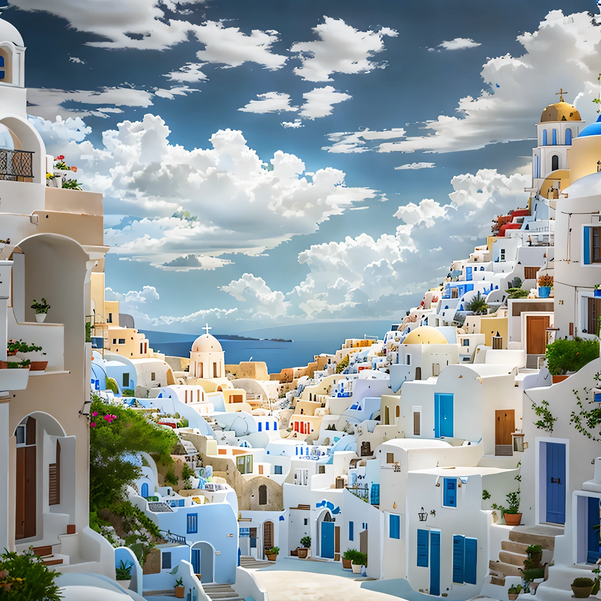 white and blue church and blue dome々Nice view, Greeceのファンタジーパノラマ, Santorini, in Santorini island, whitewashed buildings, The Ancient City of Whitestone, Greece, realistic pictures of the city, Winding ancient city panorama, Sunlight and capricious house, Greeceの設定, so beautiful, White houses, Mediterranean cities, city of pristine colors, Greeceのファンタジー風景
