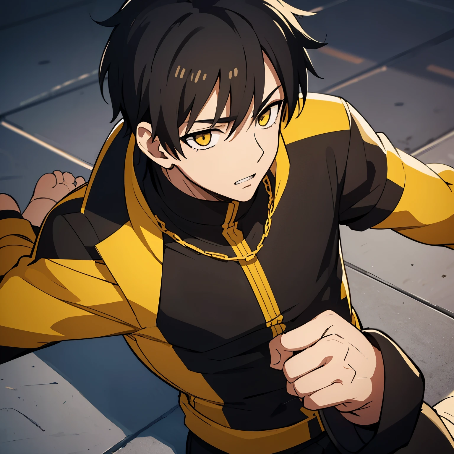 1 boy, black hair, yellow eyes, black uniform, calm face, short hair, handsome, 15 years old boy