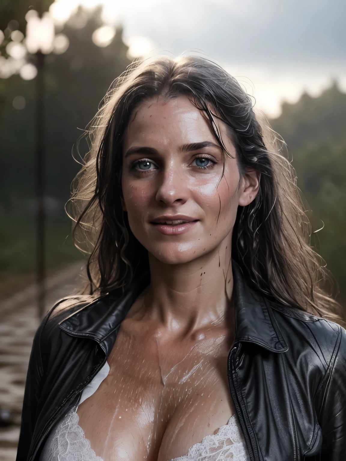 extreme really photography, professoinal photoset, extremely sexy, double exposure, beautiful 20 year woman in the rain, D-Cup, detailed raindrops running down her face, wet hair, wet white clothes stuck to her body, super detailed photography, Play of light in the sun rain, downpour, splashes, luminism, intricate, 4k concept art volumetric light, unrealistic engine, global illumination, detailed environment