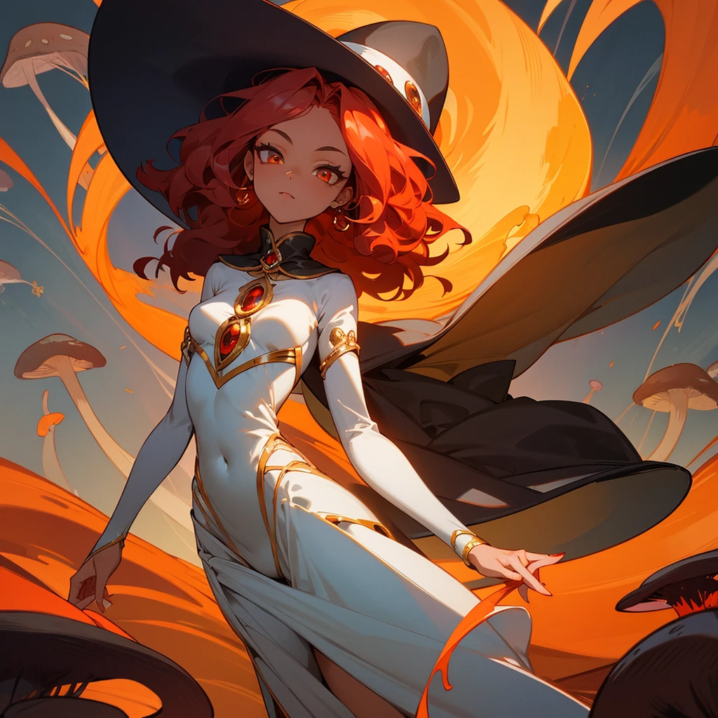 A woman with radiant black skin stands out with her wavy red hair that flows gracefully. His amber eyes express an intriguing depth. With a mushroom hat adorning her head, she displays a slender waist and charming body. Wearing a characteristic outfit that harmonizes with her hat, she embodies an engaging and unique elegance.