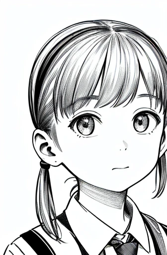 close up of face,masterpiece, acura, 1girl, alone, girl,Pigtails,primary school student,skirt,tie, background, white background, monochrome, line drawing, ((sketch))