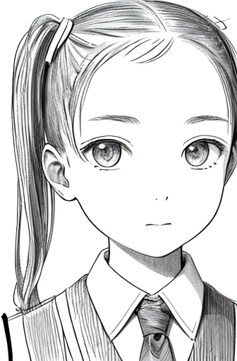 close up of face,masterpiece, acura, 1girl, alone, girl,Pigtails,primary school student,skirt,tie, background, white background, monochrome, line drawing, ((sketch))