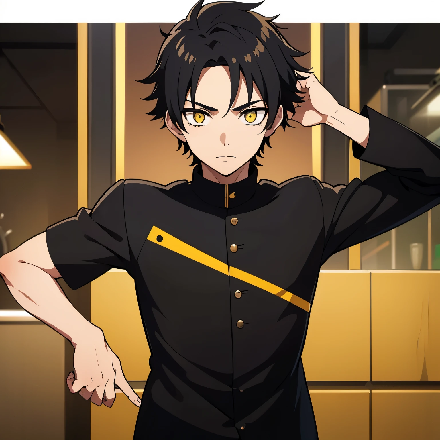 1 boy, black hair, yellow eyes, black uniform, calm face, short hair, handsome, boy