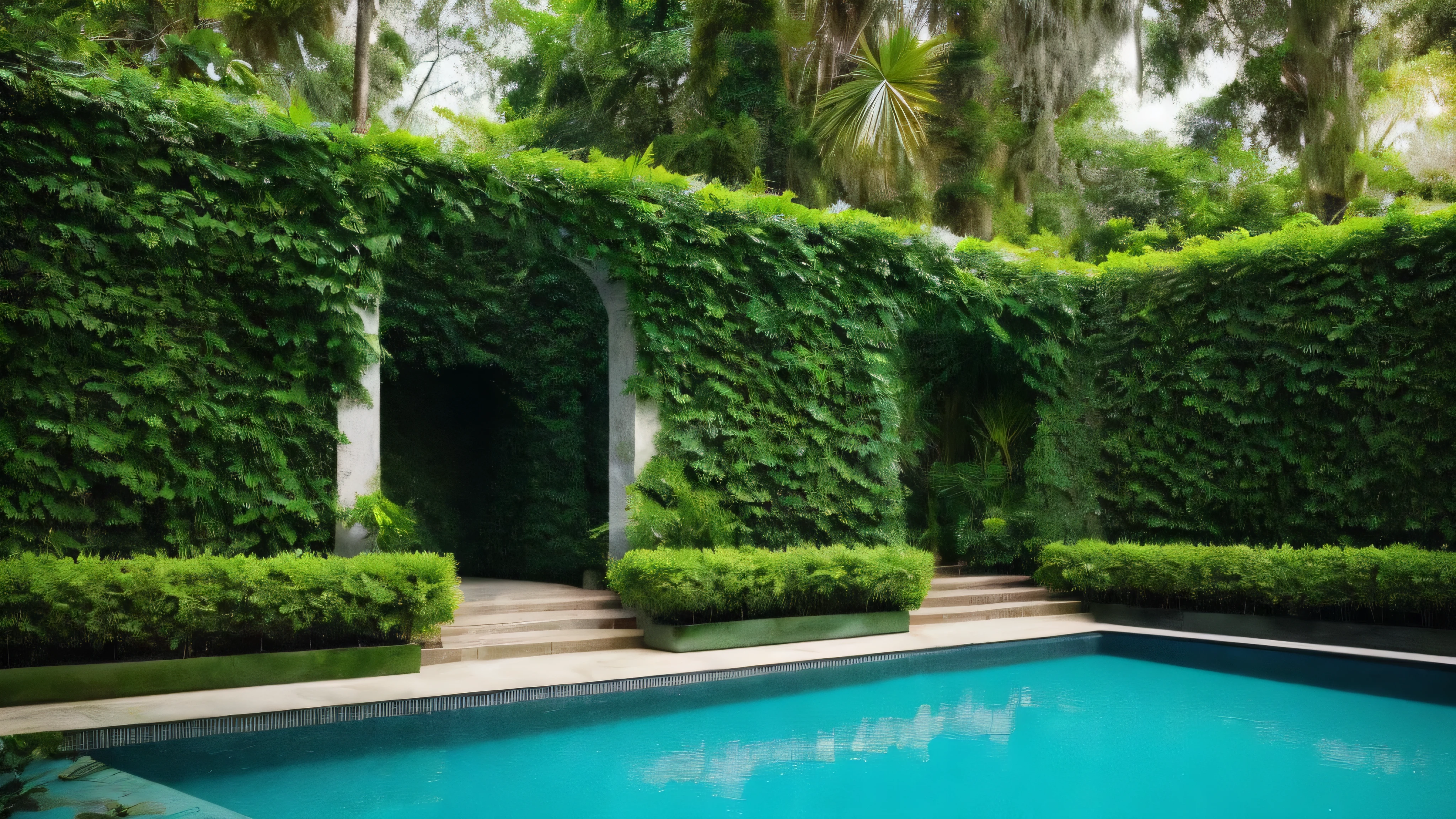 Mesmerizing photography captures a biophilic home, located in a dark forest, blue lanterns, Blue Highlight, fluffy orange and white heart, hanging over the pool, emits a cool glow thanks to carefully positioned lamps. fern with many flowers, marble walls and a swimming pool with blue water in the center of the house - a harmonious fusion of nature and architecture demonstrates, how lush greenery intertwines with massive concrete walls, creating a charming vertical garden. Photographer&#39;Intricate details and impeccable craftsmanship enhance its status as a high-quality work of art..., allowing viewers to immerse themselves in the complex beauty of this harmonious sanctuary..