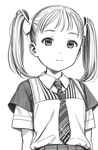 Upper body,masterpiece, acura, 1girl, alone, girl,Pigtails,,skirt,tie, background, white background, monochrome, line drawing, ((sketch))