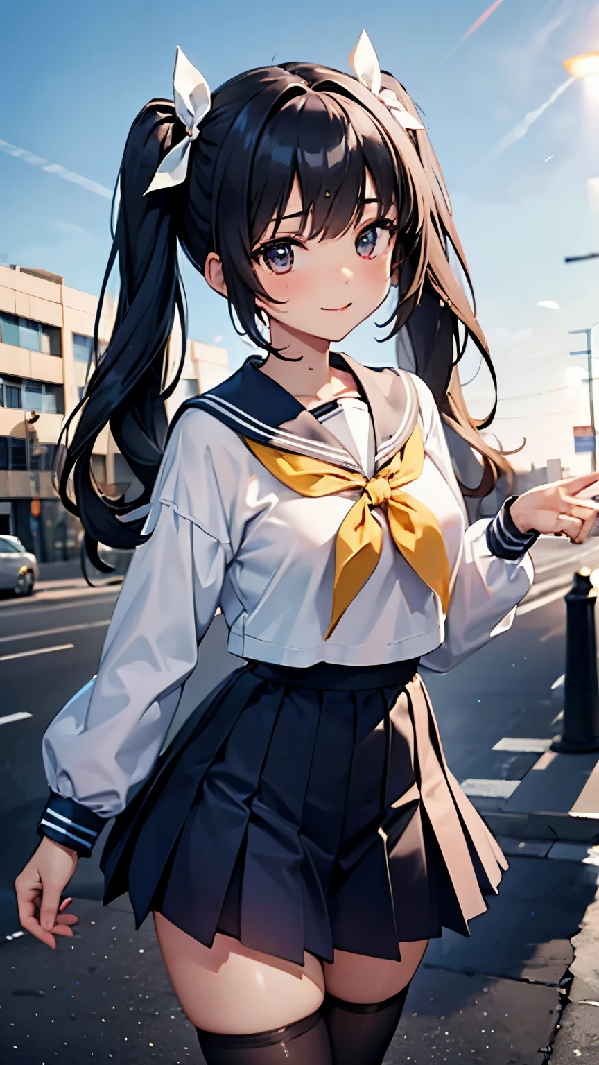 (masterpiece: 1.3), (highest quality:1.4), ultra high resolution, (fine eyes), (detailed facial features), (Detailed features of clothing), HDR, 8K resolution, High school girl in sailor suit, Anime 2D rendering, White headband, smile, black hair, navy blue sailor uniform, black stockings, school scenery, small face, trot, pigtails, 