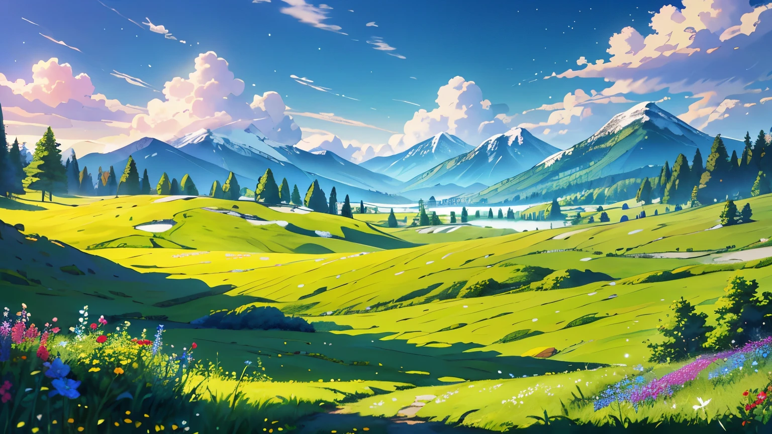 masterpiece, best quality, (detailed CG unity 8k wallpaper) (best quality): this uncanny scene of an unknown flying object mysteriously hovering over a summer sunny landscape is a true masterpiece. The field, dotted with blooming wildflowers, adds a vibrant pop of color to the canvas. In the distance, snow-capped mountains rise majestically, their peaks touching the sky. The lush forest, with its verdant greens, adds a touch of depth and texture to the image. The sun casts long, realistic shadows across the terrain, painting a picture of peace and wonder that is truly awe-inspiring. The high-resolution details capture every