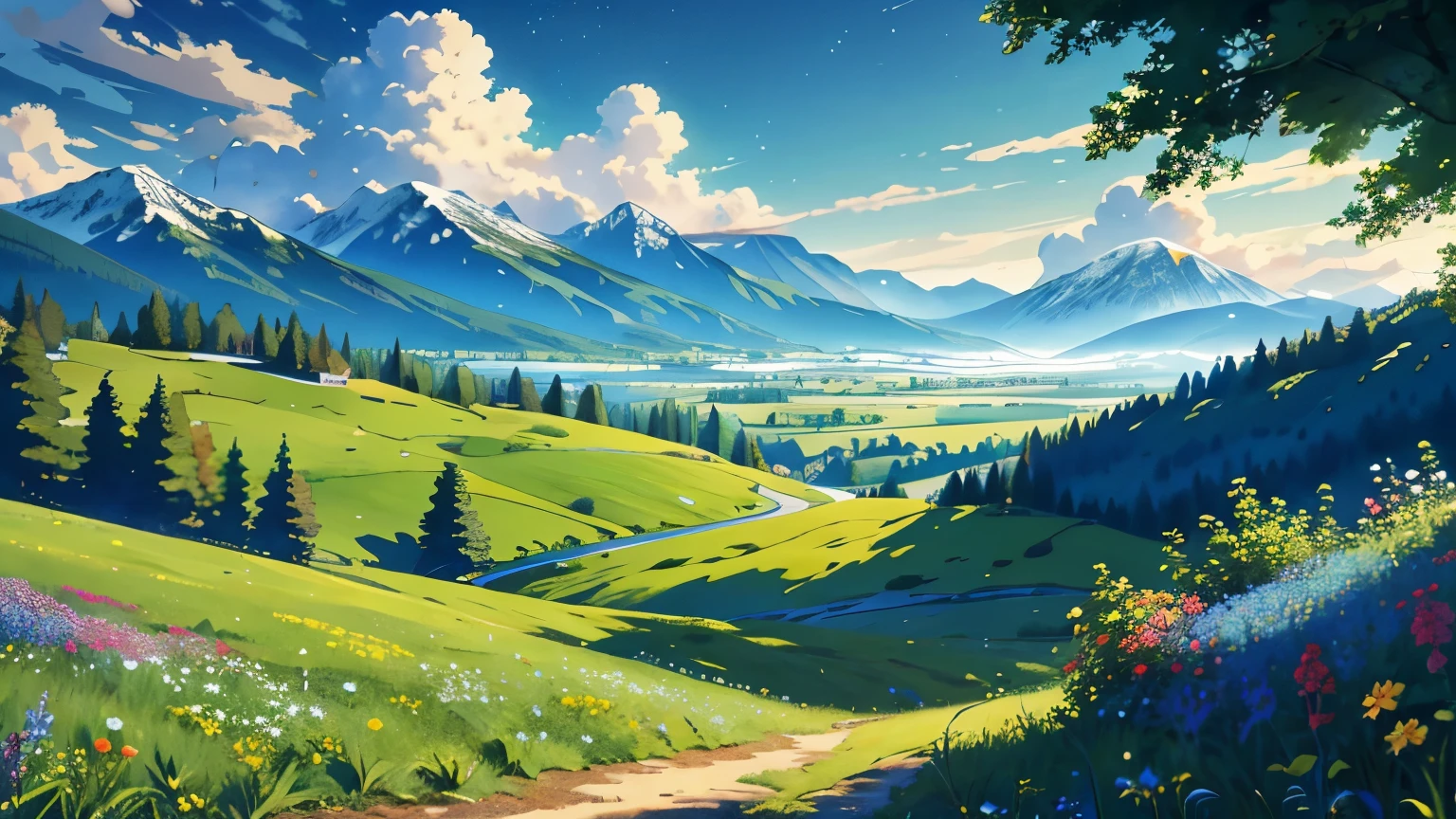 masterpiece, best quality, (detailed CG unity 8k wallpaper) (best quality): this uncanny scene of an unknown flying object mysteriously hovering over a summer sunny landscape is a true masterpiece. The field, dotted with blooming wildflowers, adds a vibrant pop of color to the canvas. In the distance, snow-capped mountains rise majestically, their peaks touching the sky. The lush forest, with its verdant greens, adds a touch of depth and texture to the image. The sun casts long, realistic shadows across the terrain, painting a picture of peace and wonder that is truly awe-inspiring. The high-resolution details capture every