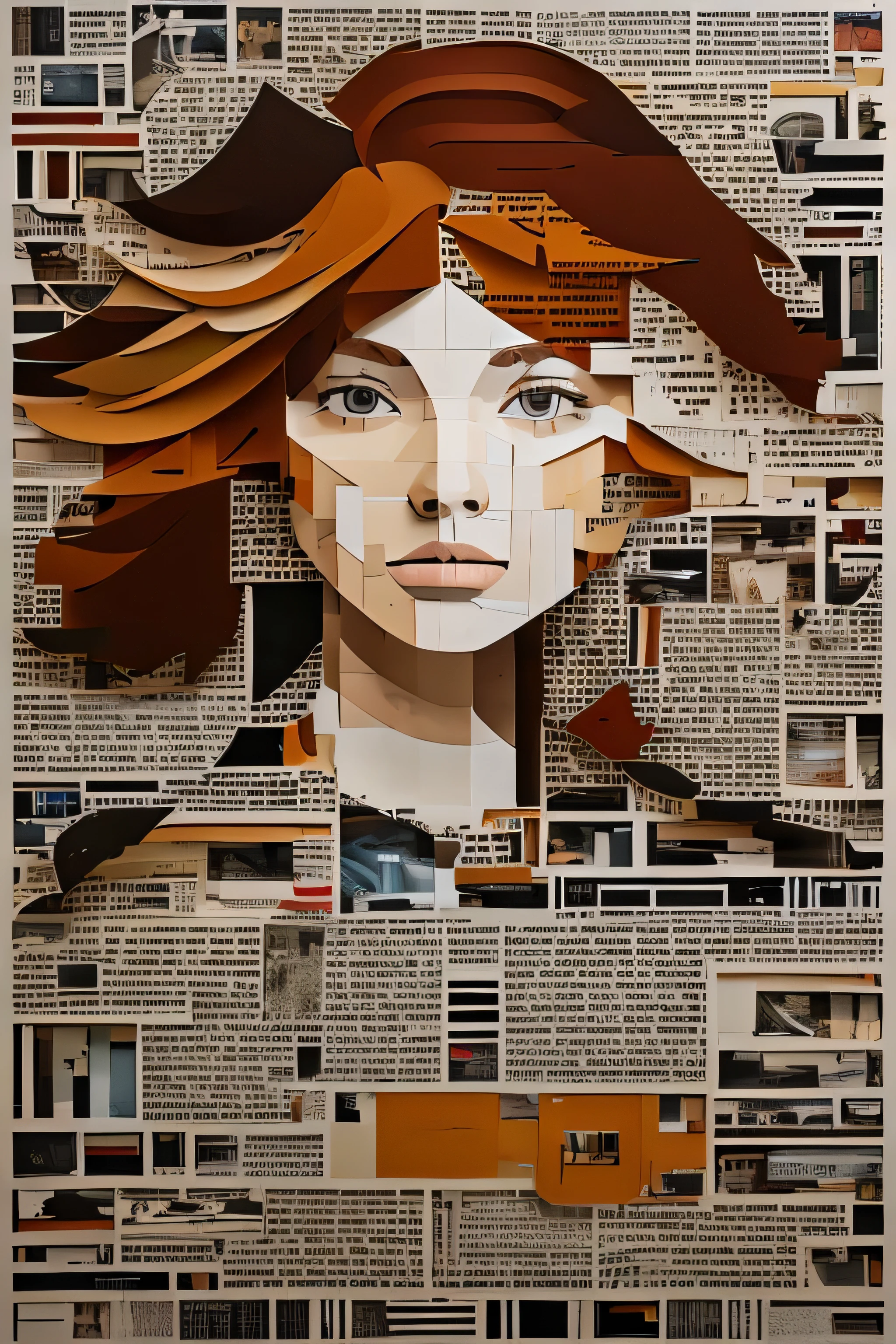 minimalism, 3 color palette, collage of magazines and newspapers, cut from paper and cardboard, Portrait of a red-haired girl, high detail, bring closer, 3 или 4 рекламных объявления в журналах 1990-х годов, cut and glued together, to create an abstract image., Paper textures, cardboard textures, (Minimum details:1.2)