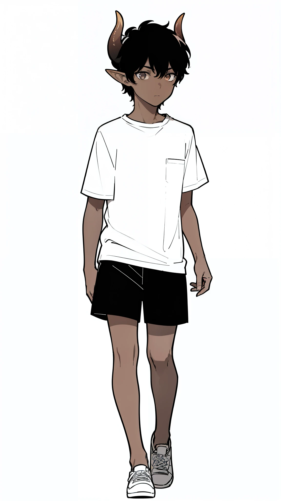 1boy,10 years,solo,expressionless,((dark skin)),((white shirt,short sleeves,black shorts)),Short hair,black hair,elf ears,(horns),(white background,line drawing),walking,full body,from front,looking to the viewer