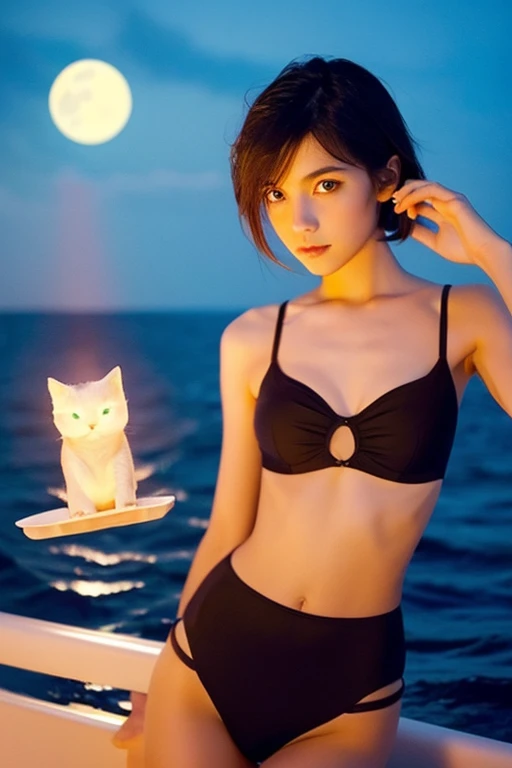 1 girl、body whole、I'm skinny、wave hands、Real like a photo、very short black hair、On the sea at night、Super beautiful girl with cat eyes、16 years old、slightly brown skin、Skimpy clothing
