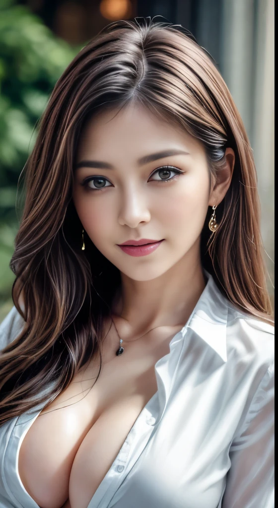 ((highest quality、8K、masterpiece:1.3))、sharp focus:1.2、beautiful woman with perfect style:1.4、thin abs:1.2、((dark brown hair、big breasts:1.2))、(natural soft light、city street:1.1)、Highly detailed face and skin texture、detailed eye、double eyelid、Sexy secretary in tight light smile、open shirt、sexy costume