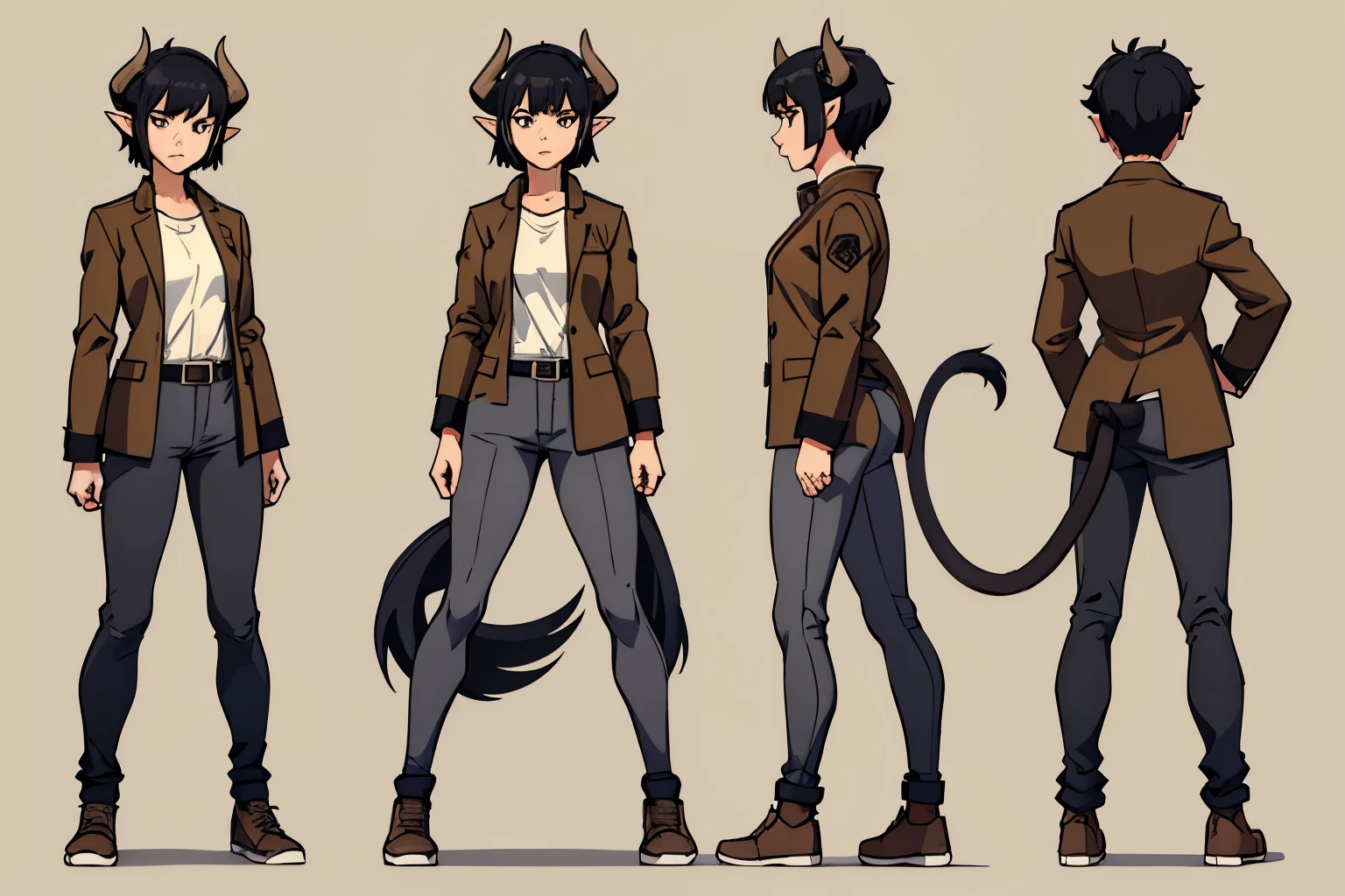 character turnaround sheet, 1 girl, adult, black hair, gray eyes, short hair, messy haircut, solo, brown jacket, white shirt, black pants, gray shoes, 2 horns, elf ears, tail