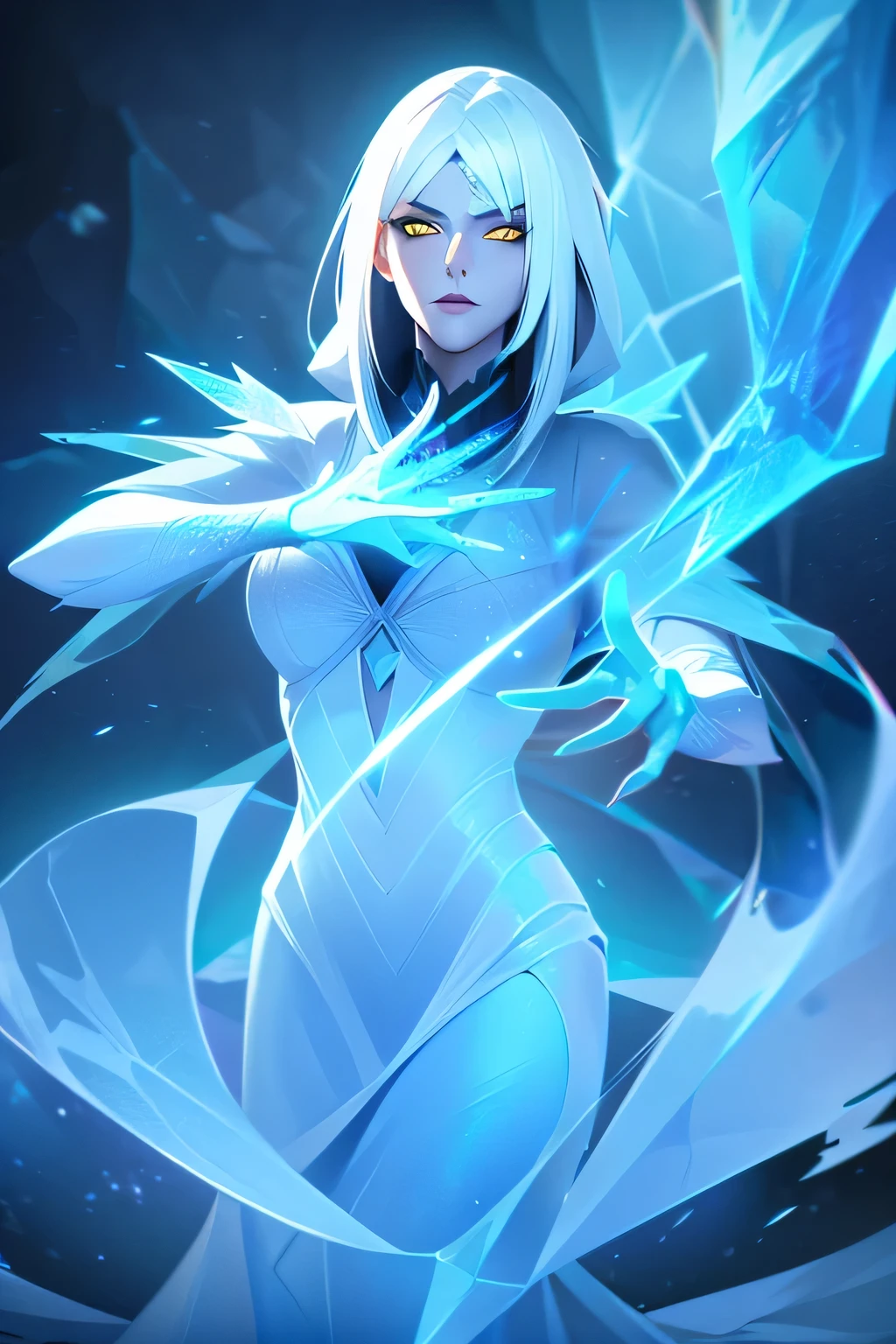 woman with white hair and yellow eyes casting an ice spell