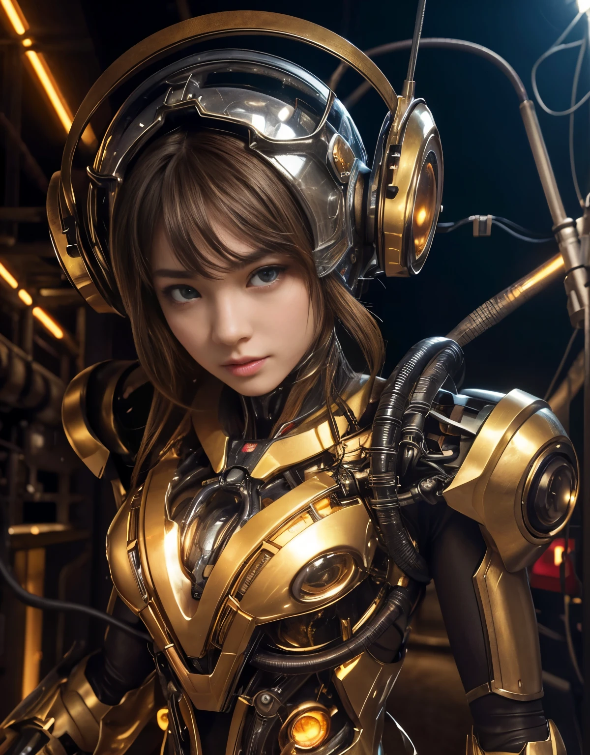 (Background of skimpy mechanical girl and octopus alien)、(Mystical expression)、highest quality、masterpiece、Super high resolution、(Photoreal:1.4)、RAW photo、1 girl、glowing skin、detailed face、(((1 Mechanical Girl)))、Heavy chest、(gold metal bodysuit)、(Natural alien background to fight aliens)、(Small LED)、((Super realistic details))、vertical giant monster background),global illumination、Shadow、octane rendering、24K、super sharp、robotの背景、big breasts、Raw skin exposed in the cleavage、intricate decorative details、Japan details、very intricate details、realistic light、(Mystical expression),CG Society Trenlow Eyes、Eyes shining towards the camera、Mechanical marginal blood vessels connected to neon detail tubes)、(Wires and cables connecting to the head)、Small LED、,mechanical thighs、two stock、(Hands are also made of machines)、robot、future alien、Please wear a mechanical helmet、transparent face guard on helmet、16K,