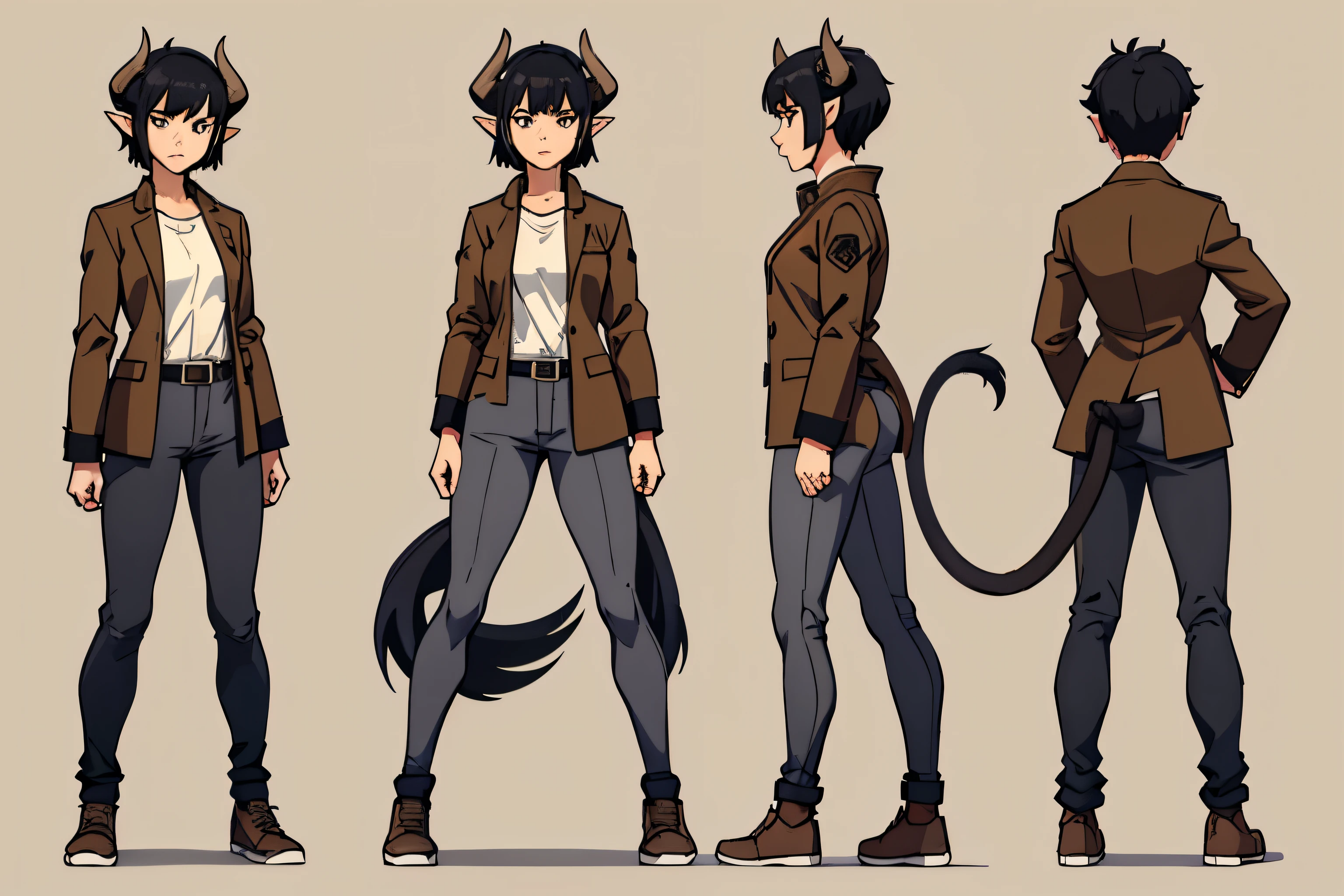 character turnaround sheet, 1 girl, adult, black hair, gray eyes, short hair, messy haircut, solo, brown jacket, white shirt, black pants, gray shoes, 2 horns, elf ears, tail
