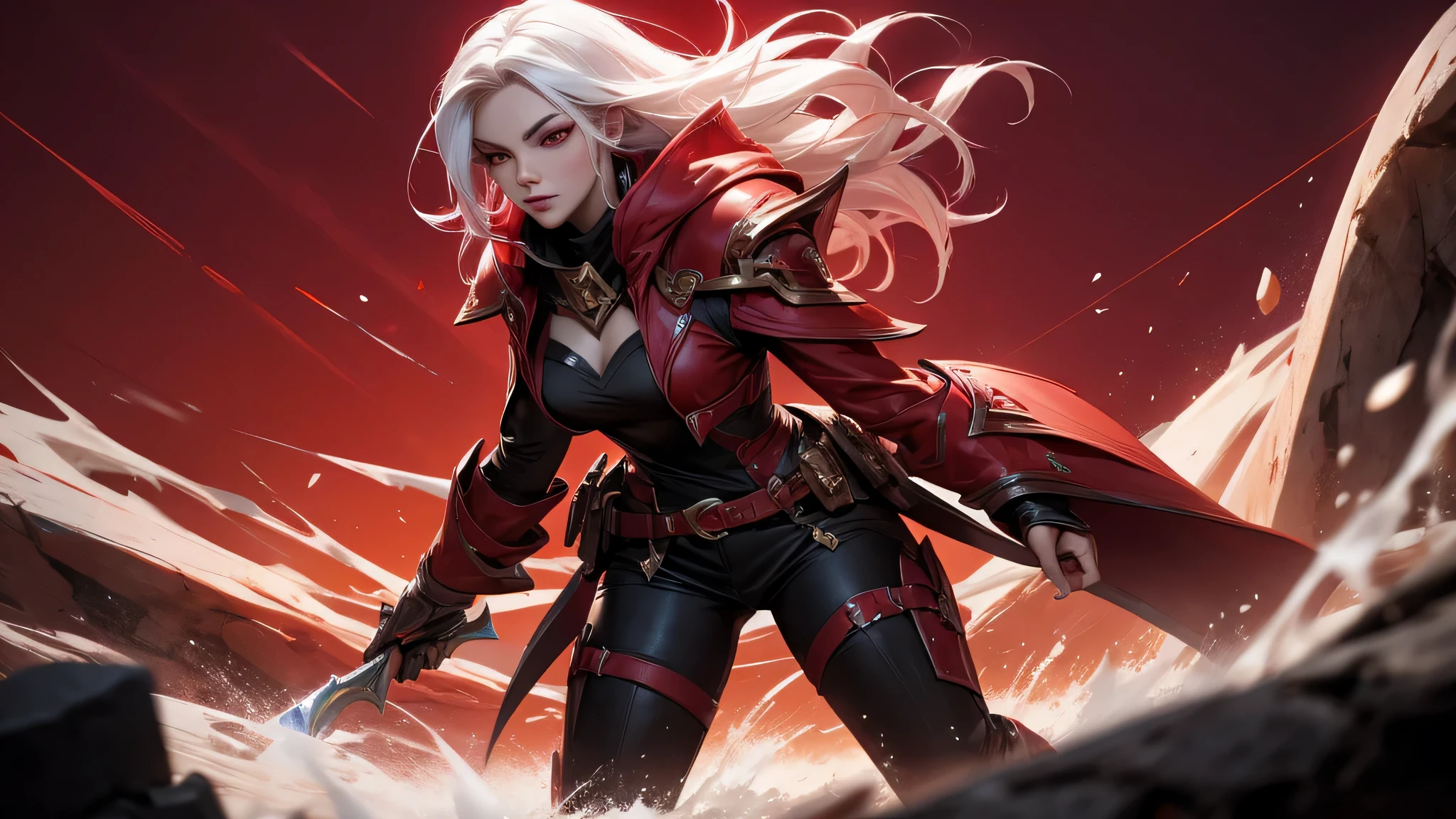 Femme charismatique maîtrise du sang, avec un costume rouge, Teint blanc, cheveux blancs, avec une mer rouge foncé et un ciel rouge en arrière-plan, dans le style de League of Legends.