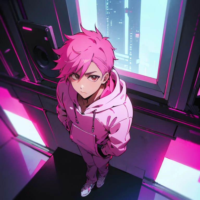 (top quality), (masterpiece), (Super detailed), (shortcut), (two block hair), (bright pink hair), (red eyes), (cool pose), (Man standing in a recording studio wearing headphones), (oversized hoodie), (Street style), (neon), (modern city), (neonデイライト), (cinematic), (stylish), (High resolution), (hyper-detailed), (soft town), (Nightcore), (a handsome guy), (natural appearance of the building), (IG studio anime style), (Low - Angle), (looking at the camera), (visualize)